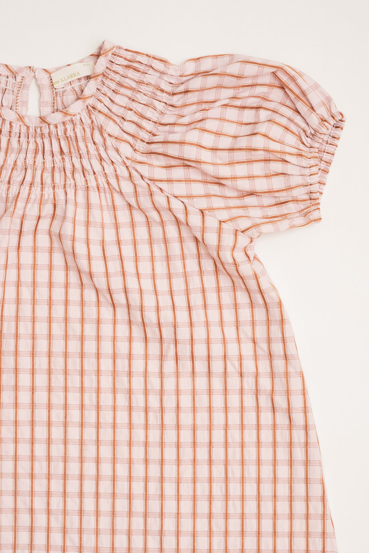 Mini Puffed Sleeve Shirred Neckline Dress in Rosewood Gingham