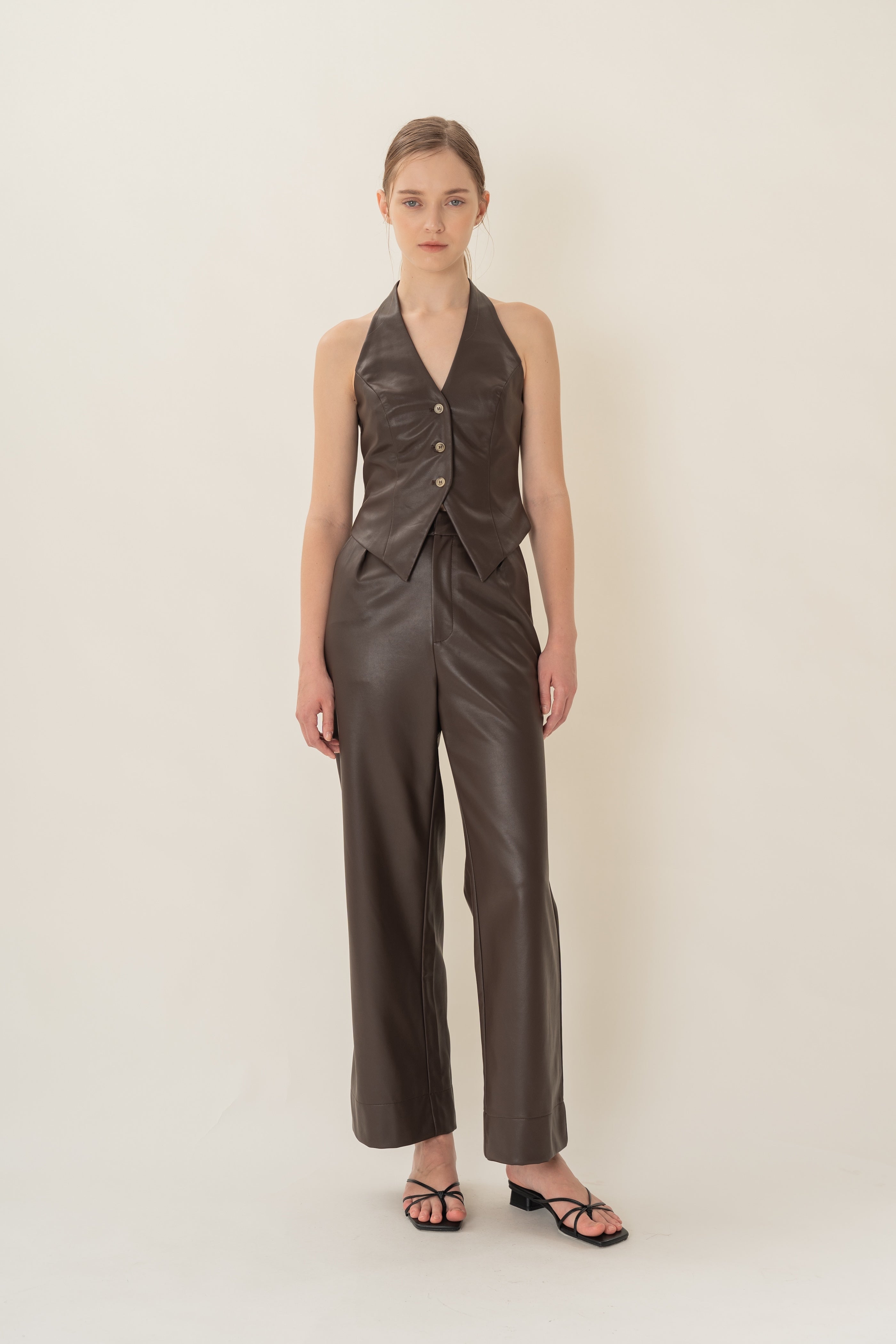 Faux Leather Padded Halter Waistcoat in Umber