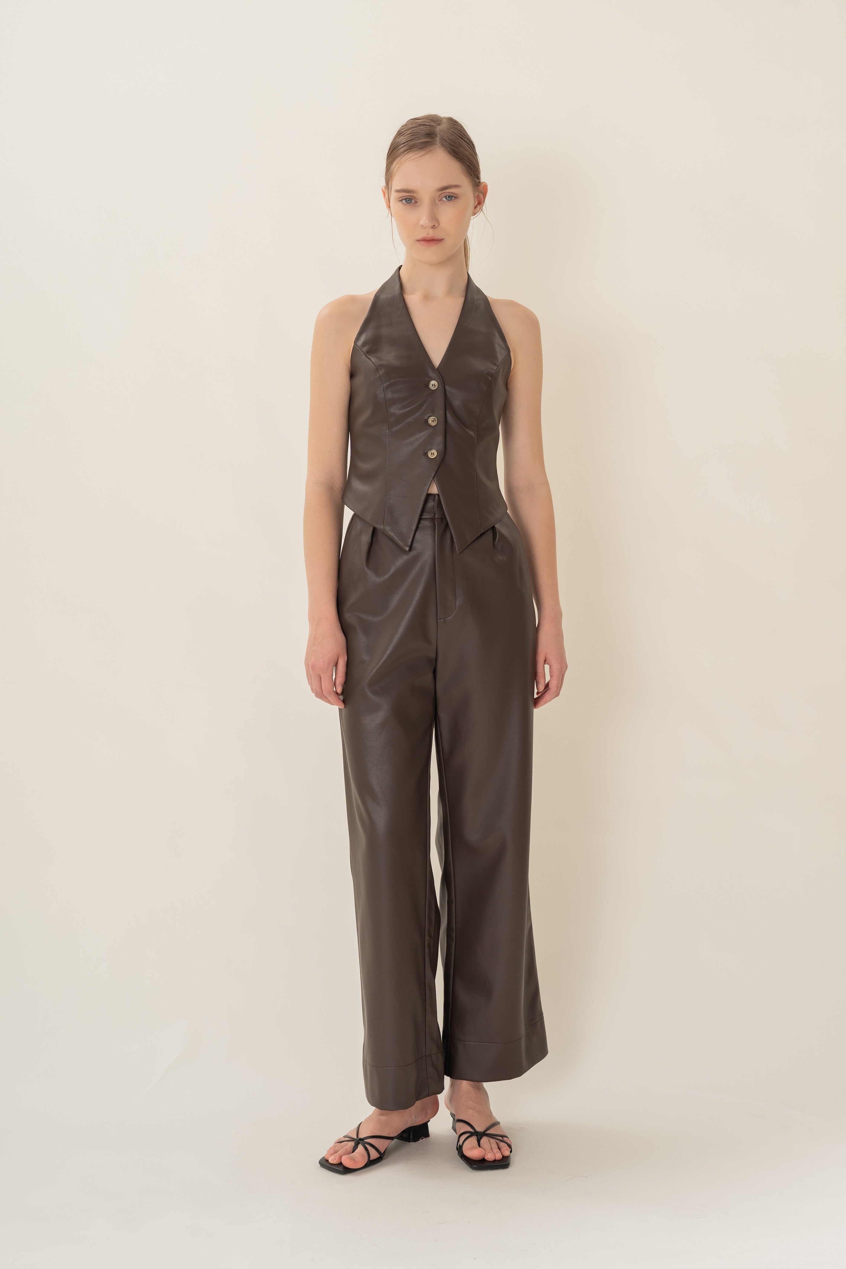 Faux Leather Padded Halter Waistcoat in Umber