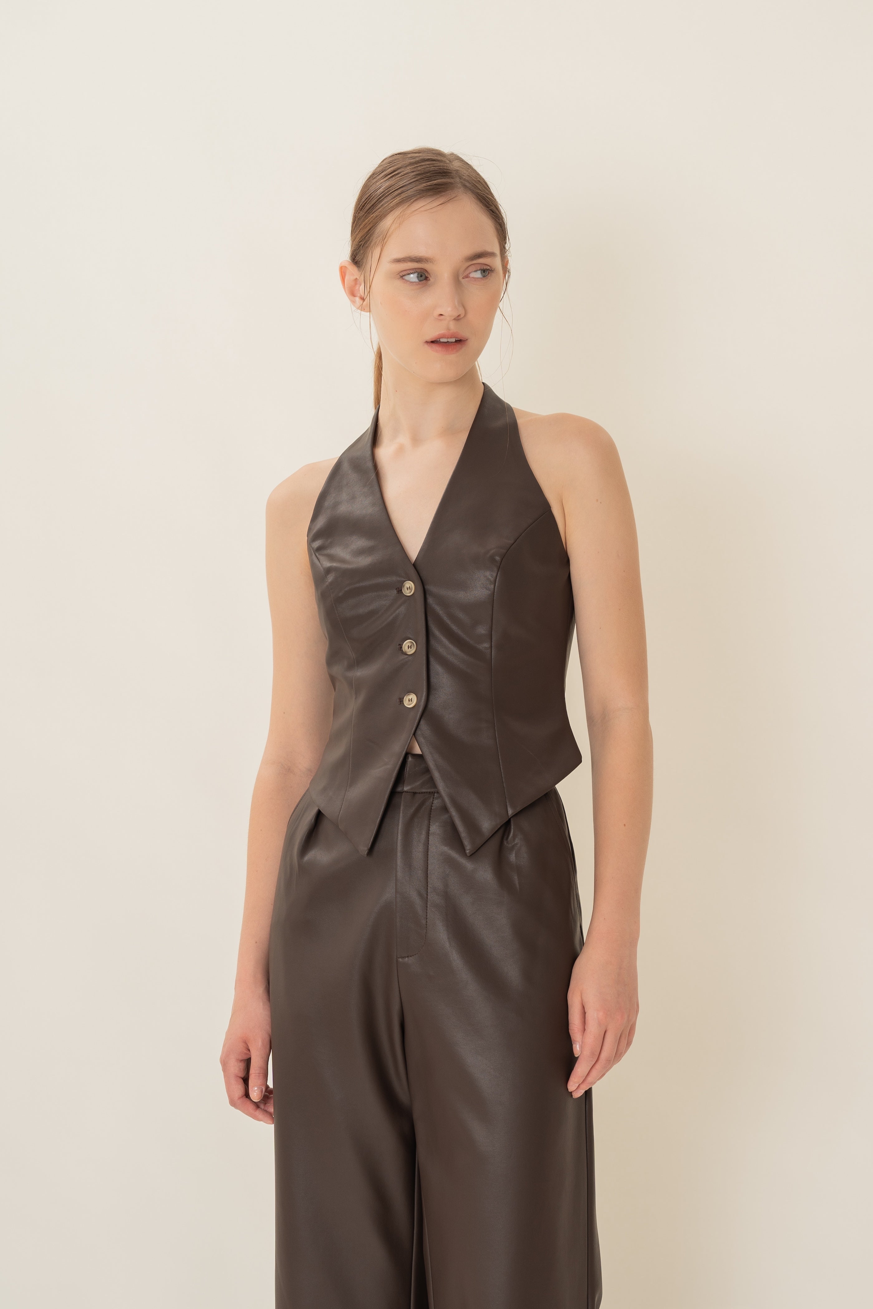 Faux Leather Padded Halter Waistcoat in Umber