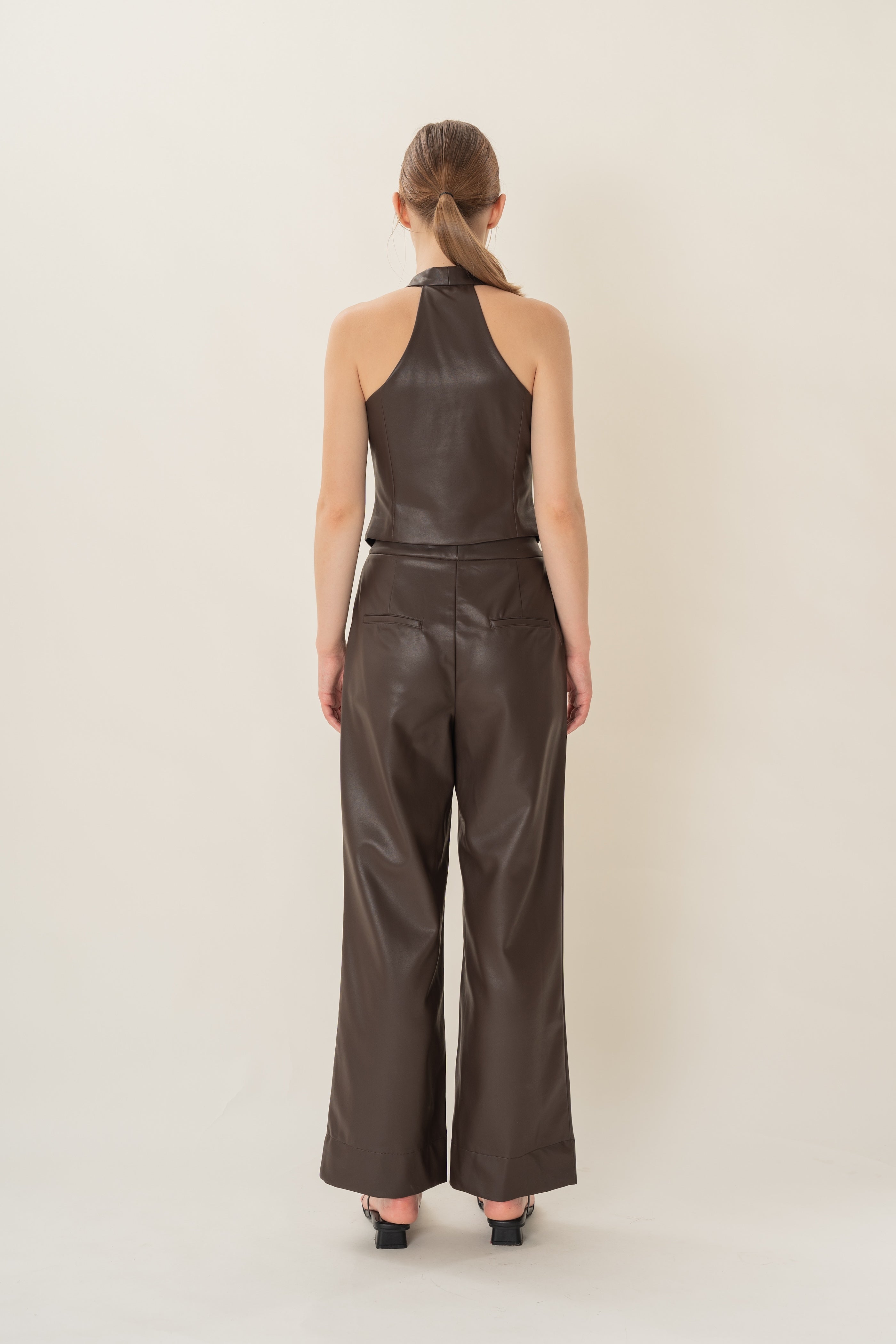 Faux Leather Padded Halter Waistcoat in Umber