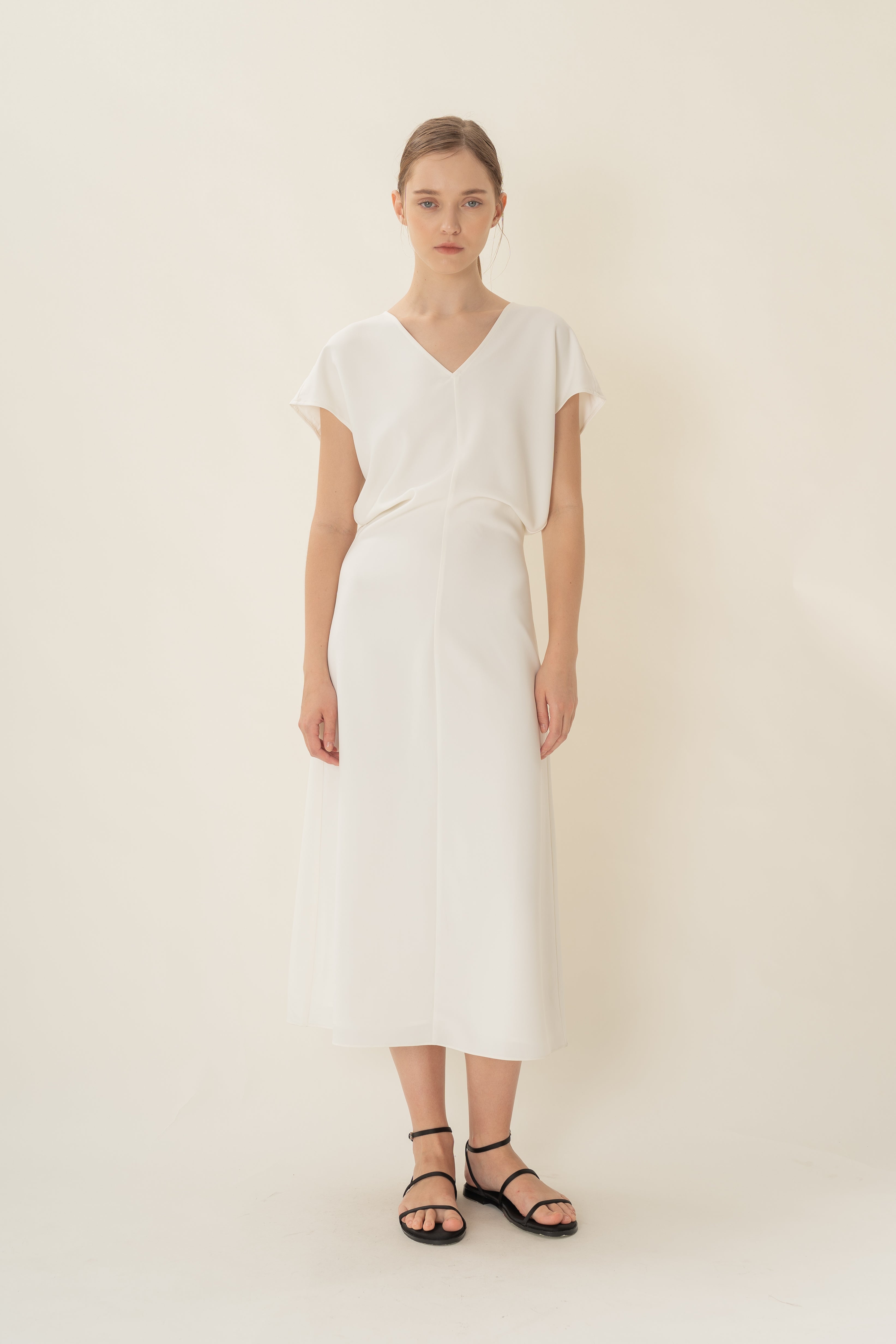 V-Neck Waisted Midi in White