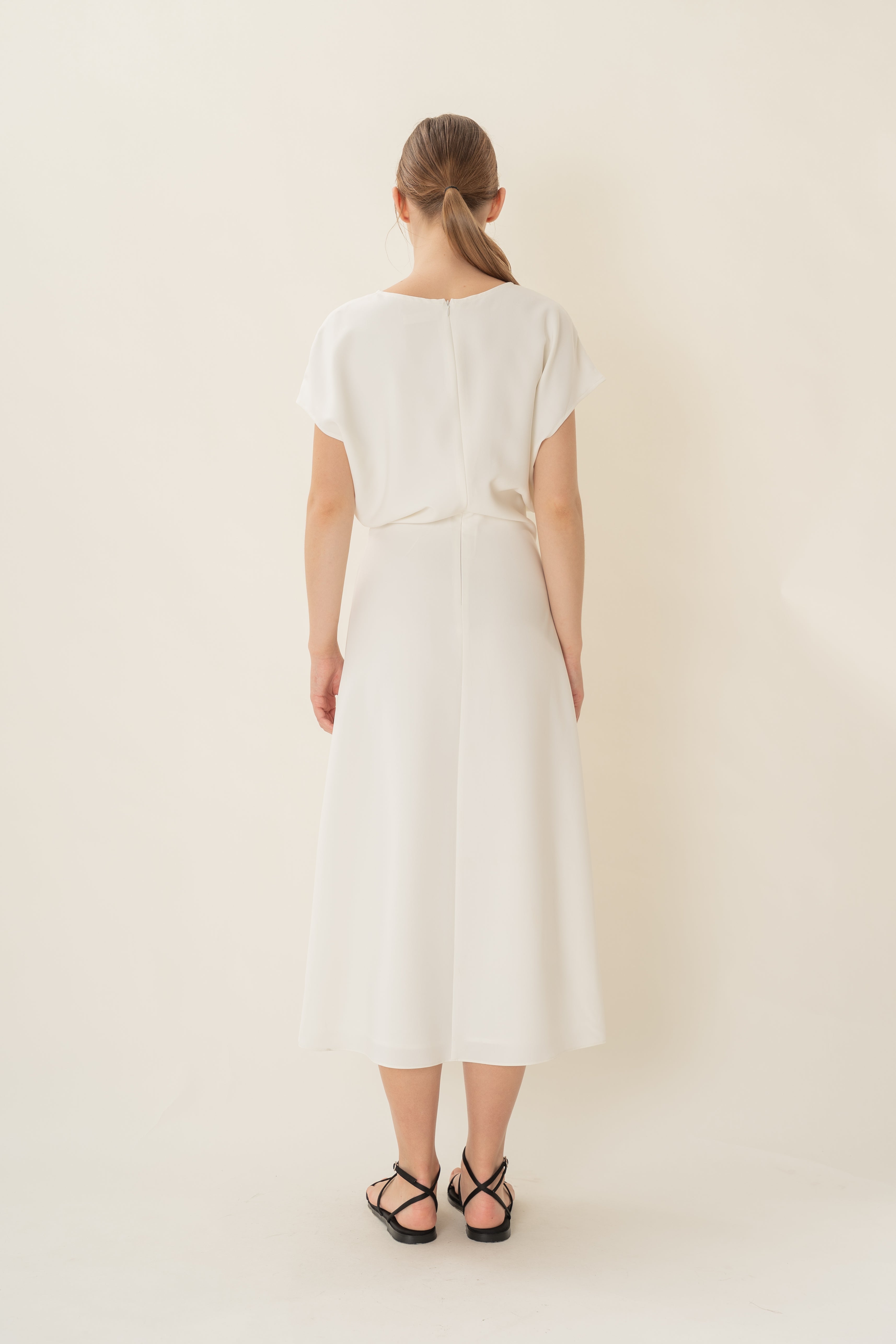 V-Neck Waisted Midi in White