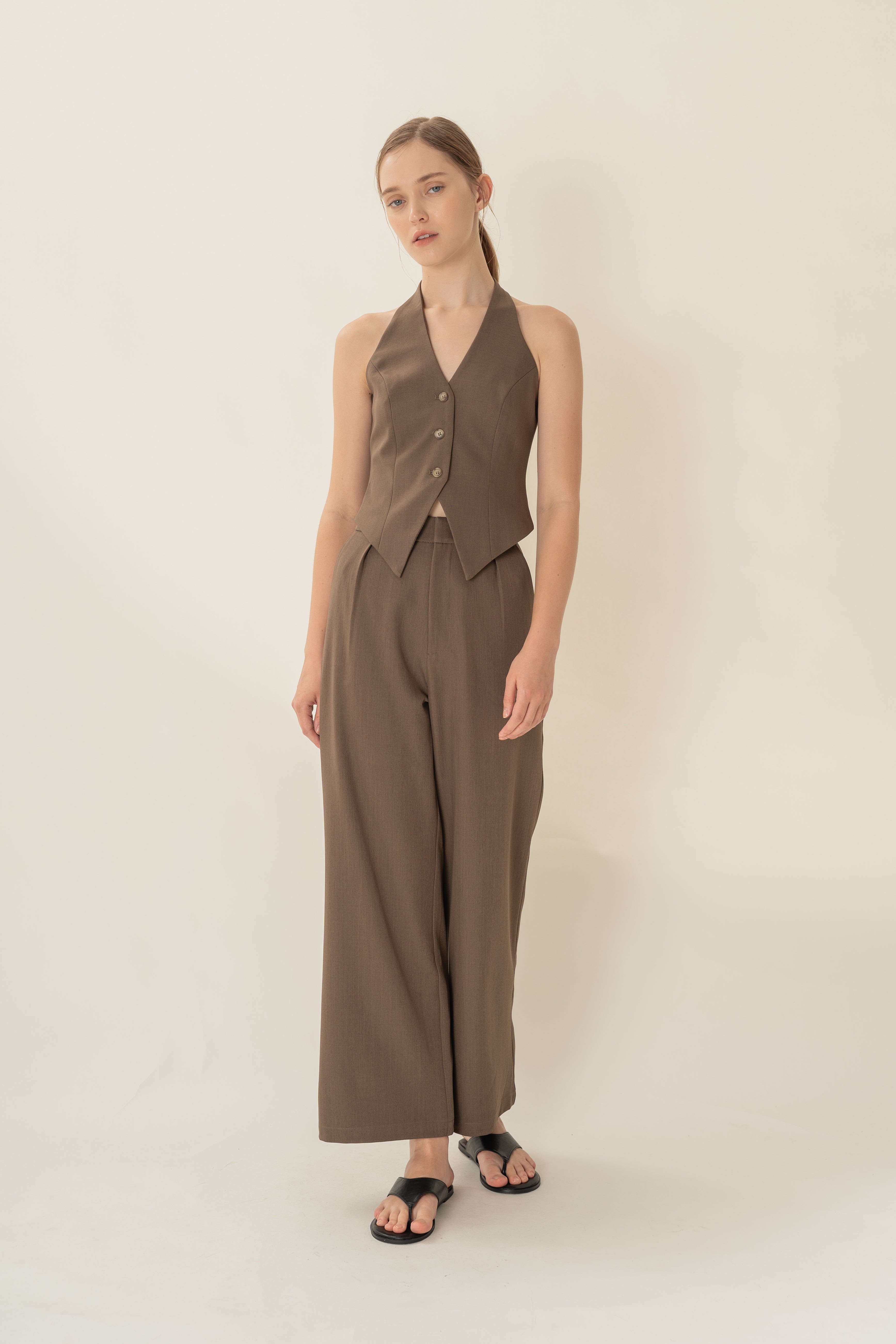 Halter Suiting Waistcoat in Heather Brown