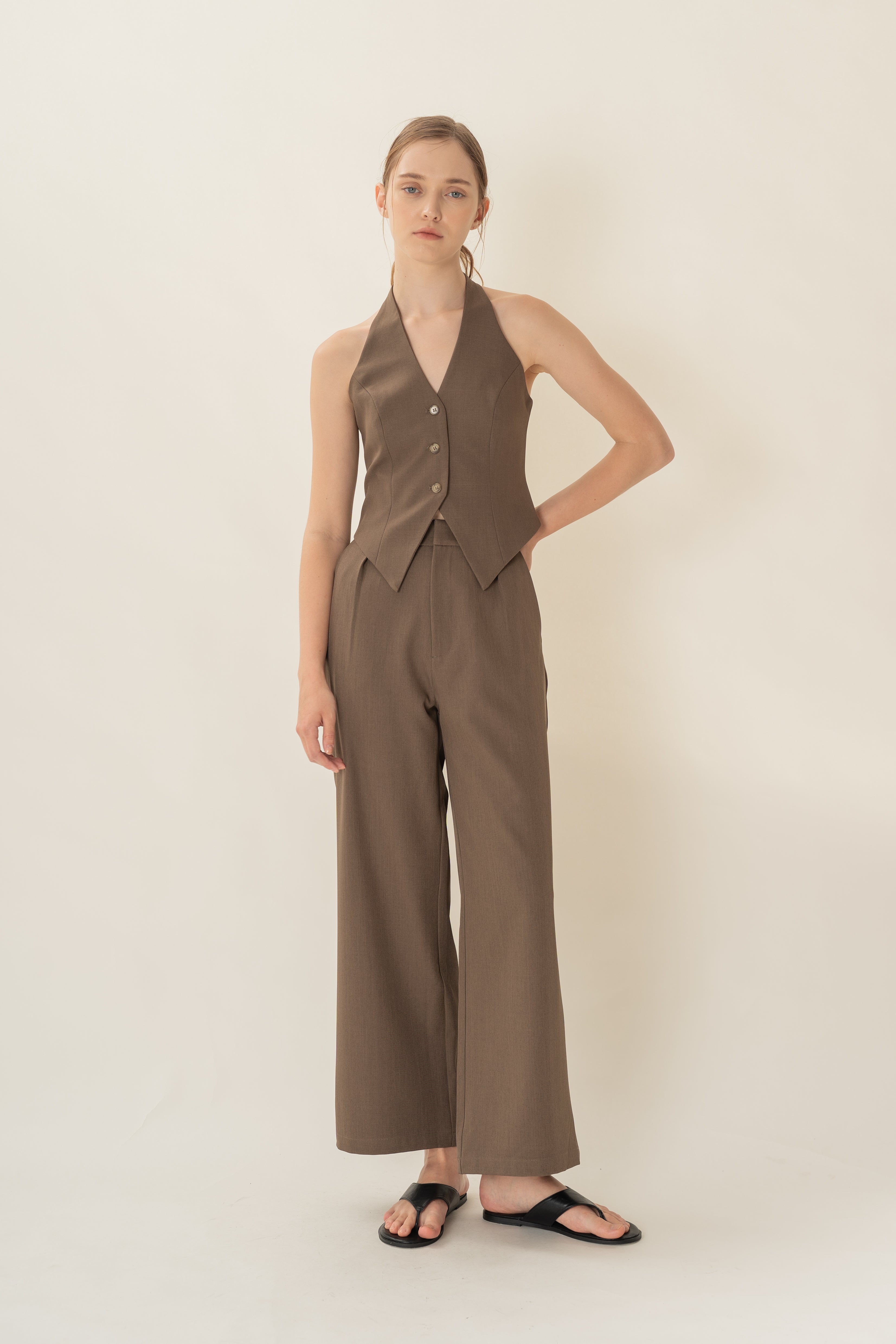 Halter Suiting Waistcoat in Heather Brown