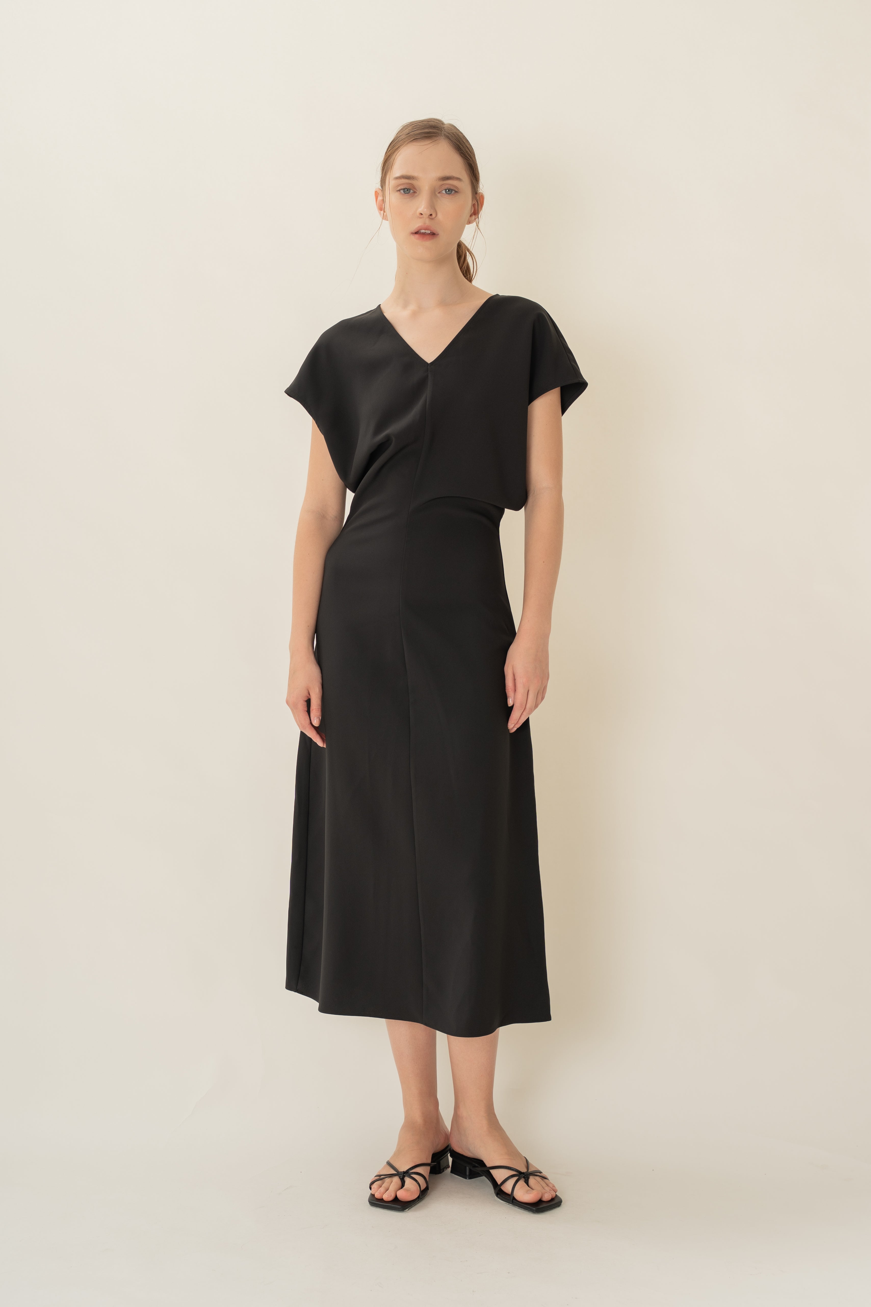 V-Neck Waisted Midi in Black