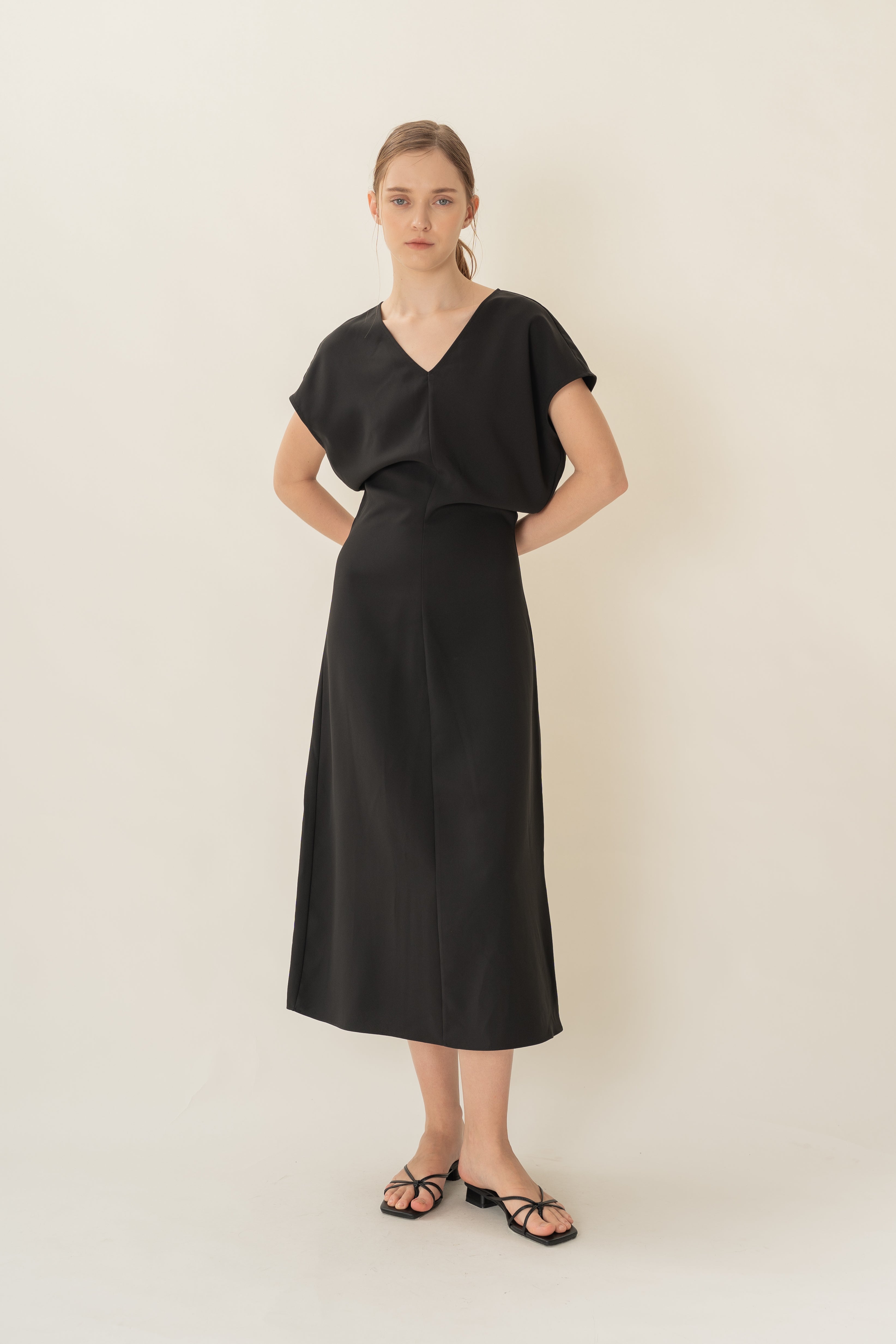 V-Neck Waisted Midi in Black