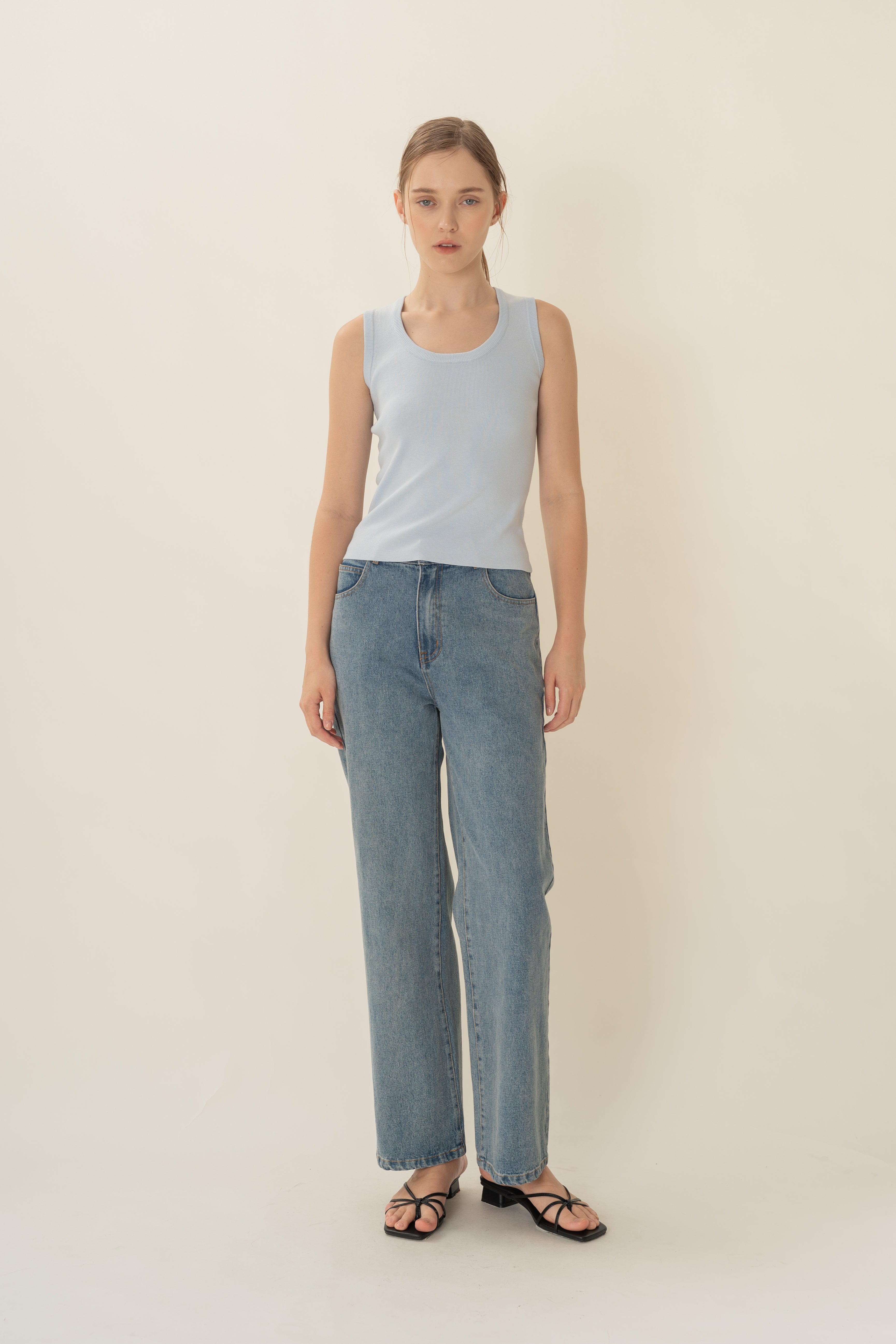 Round Neck Knitted Tank in Mist Blue