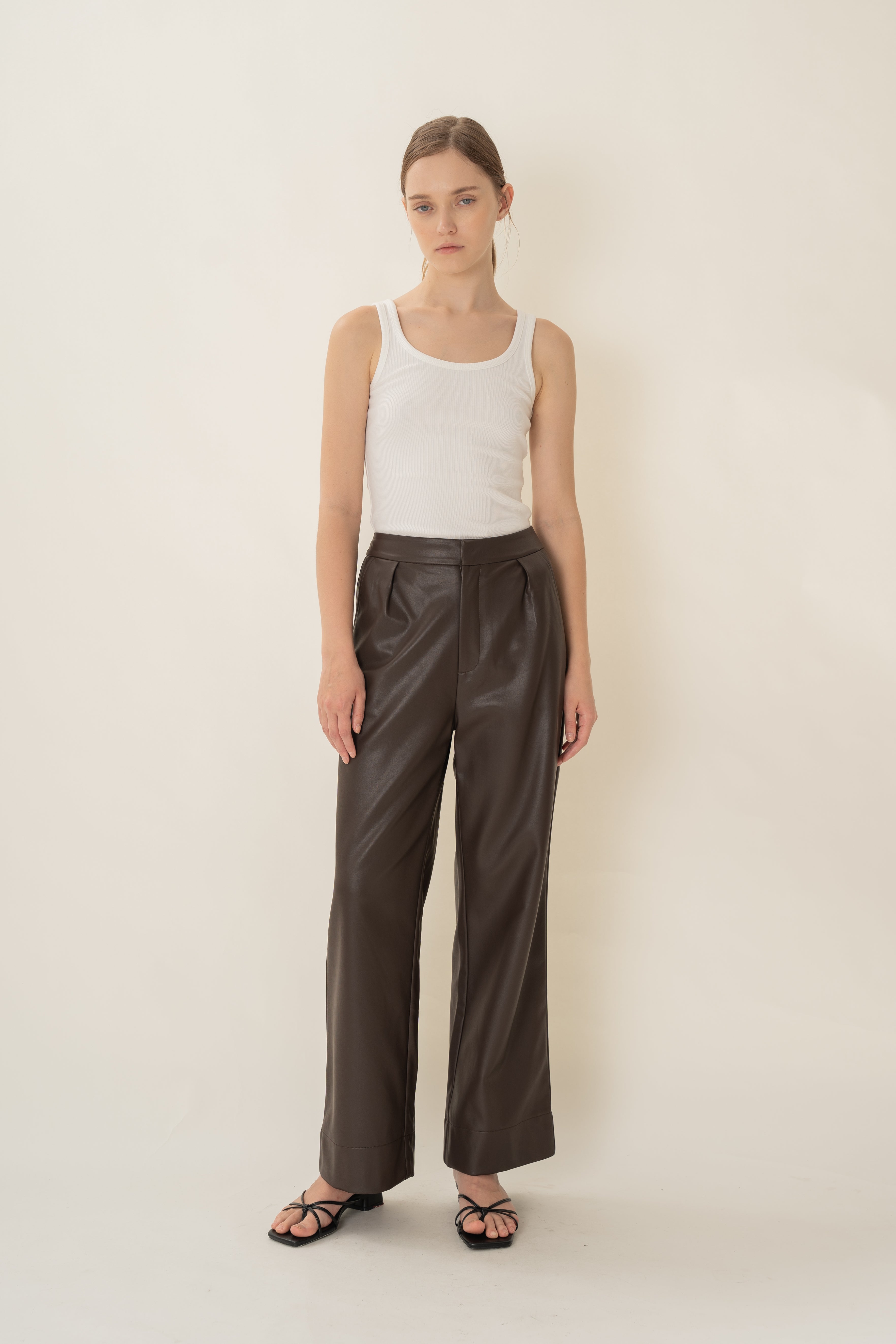 Faux Leather Pleated Trousers in Umber