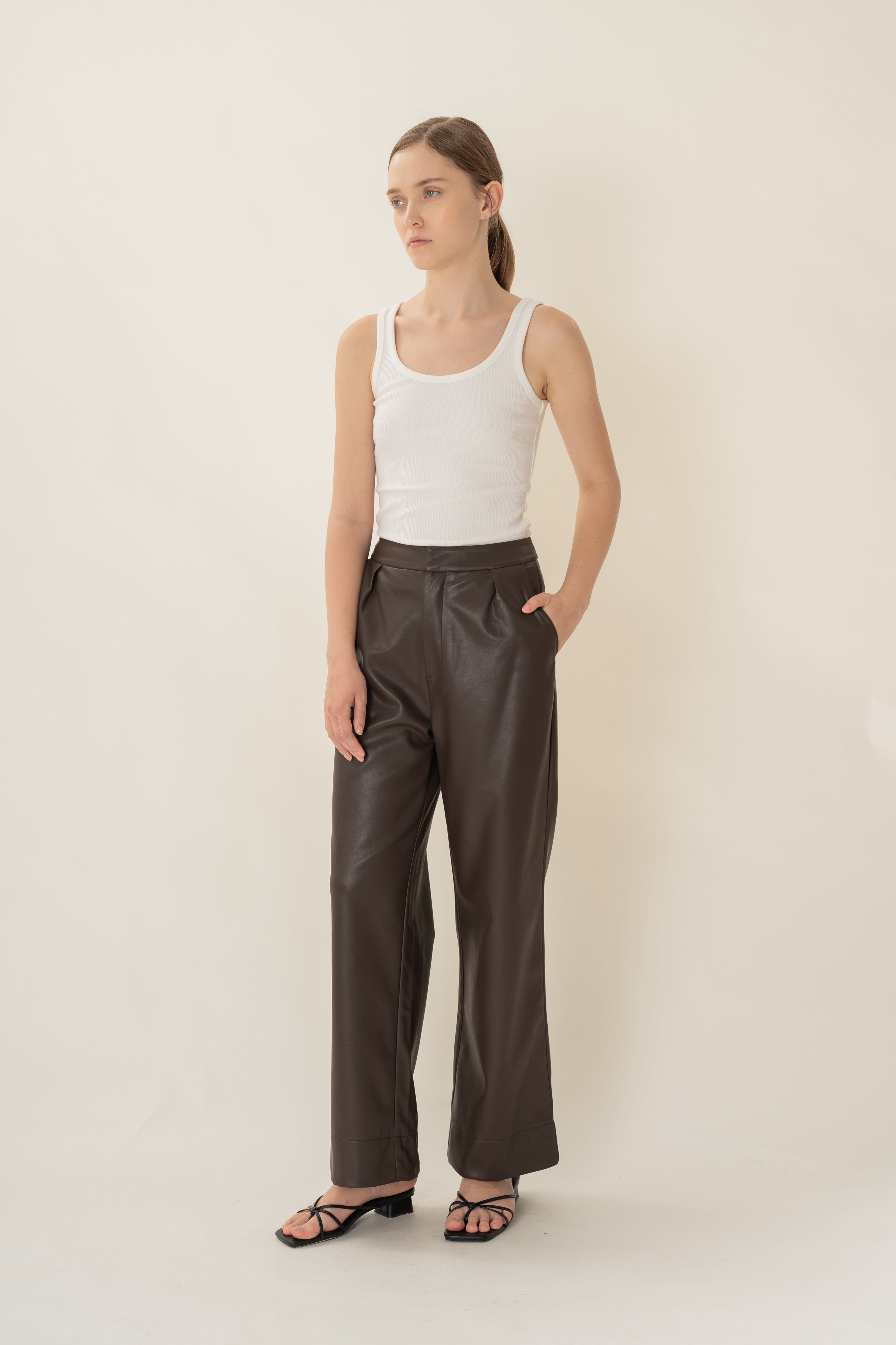 Faux Leather Pleated Trousers in Umber