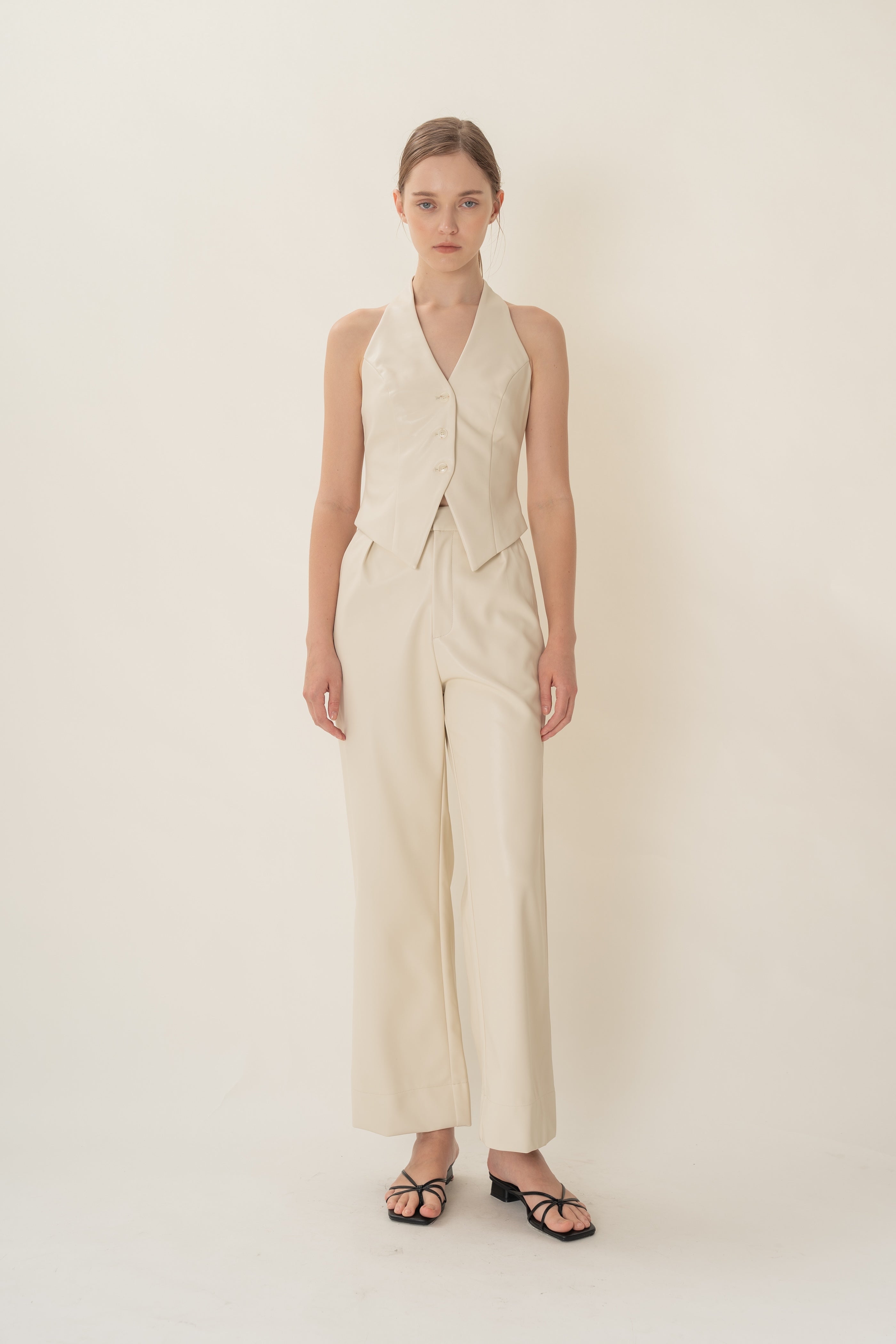 Faux Leather Padded Halter Waistcoat in Ivory