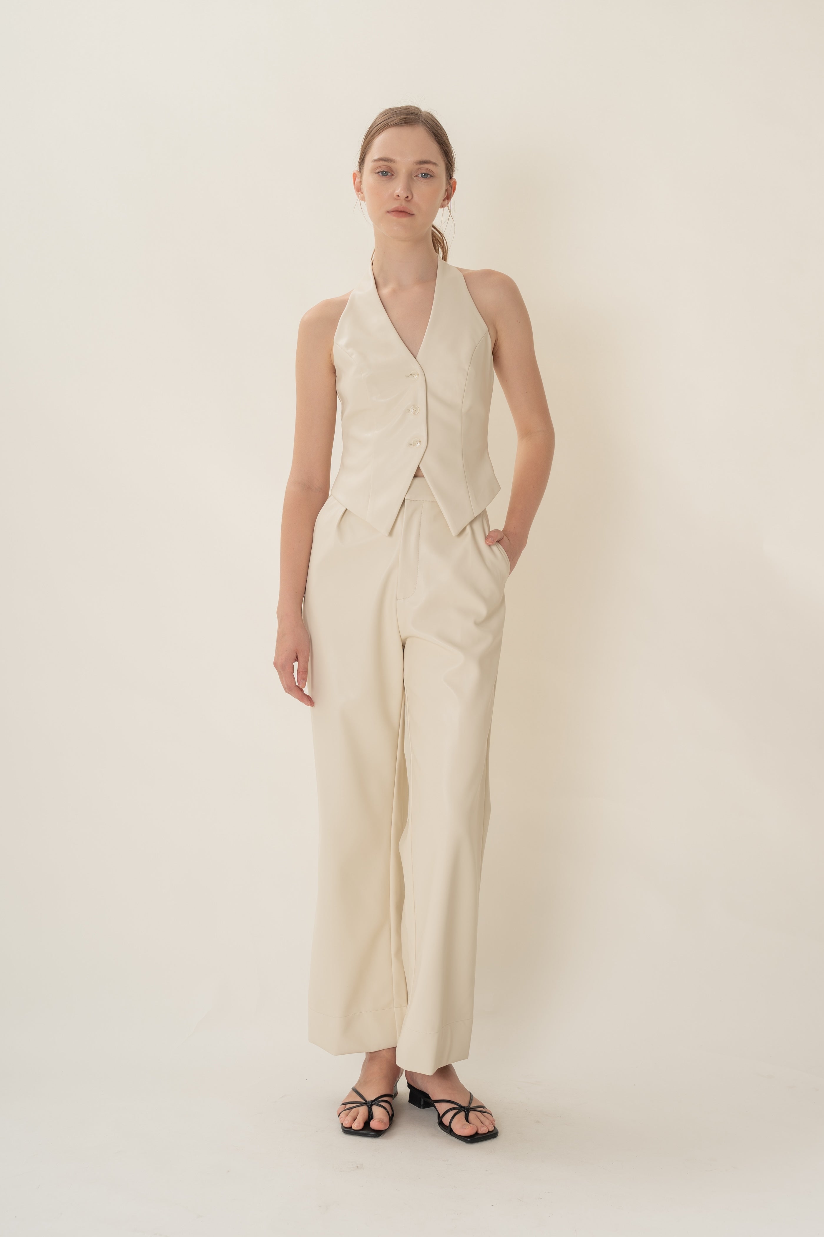 Faux Leather Padded Halter Waistcoat in Ivory