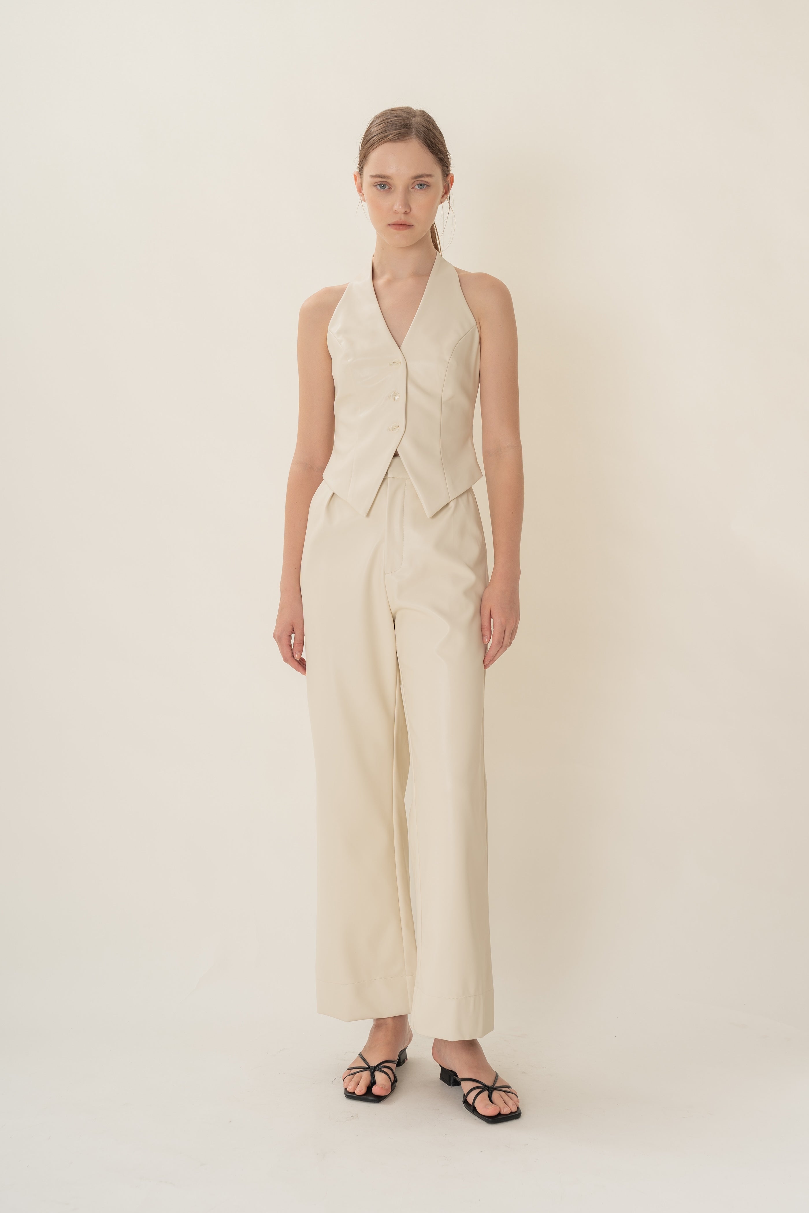 Faux Leather Padded Halter Waistcoat in Ivory