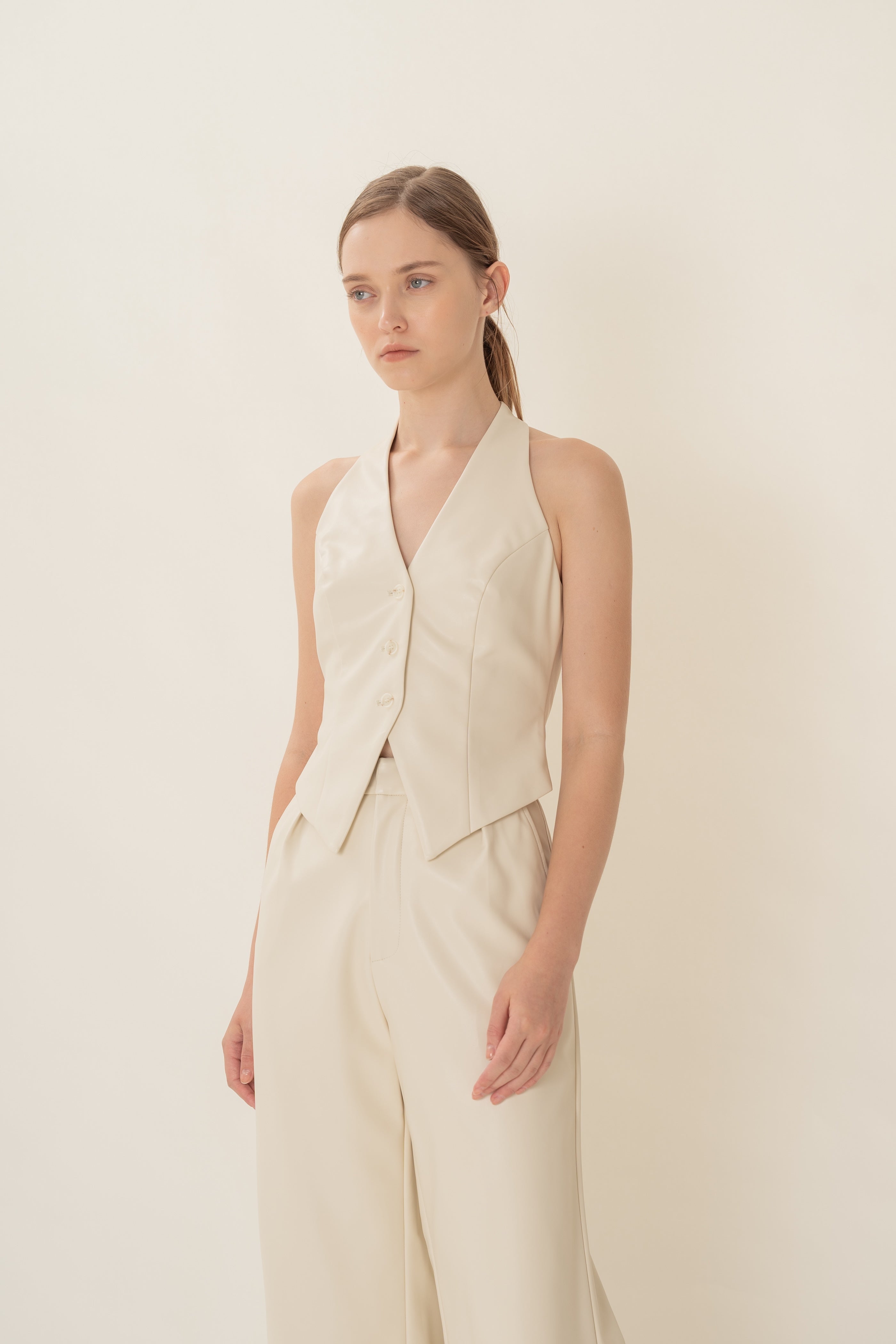 Faux Leather Padded Halter Waistcoat in Ivory