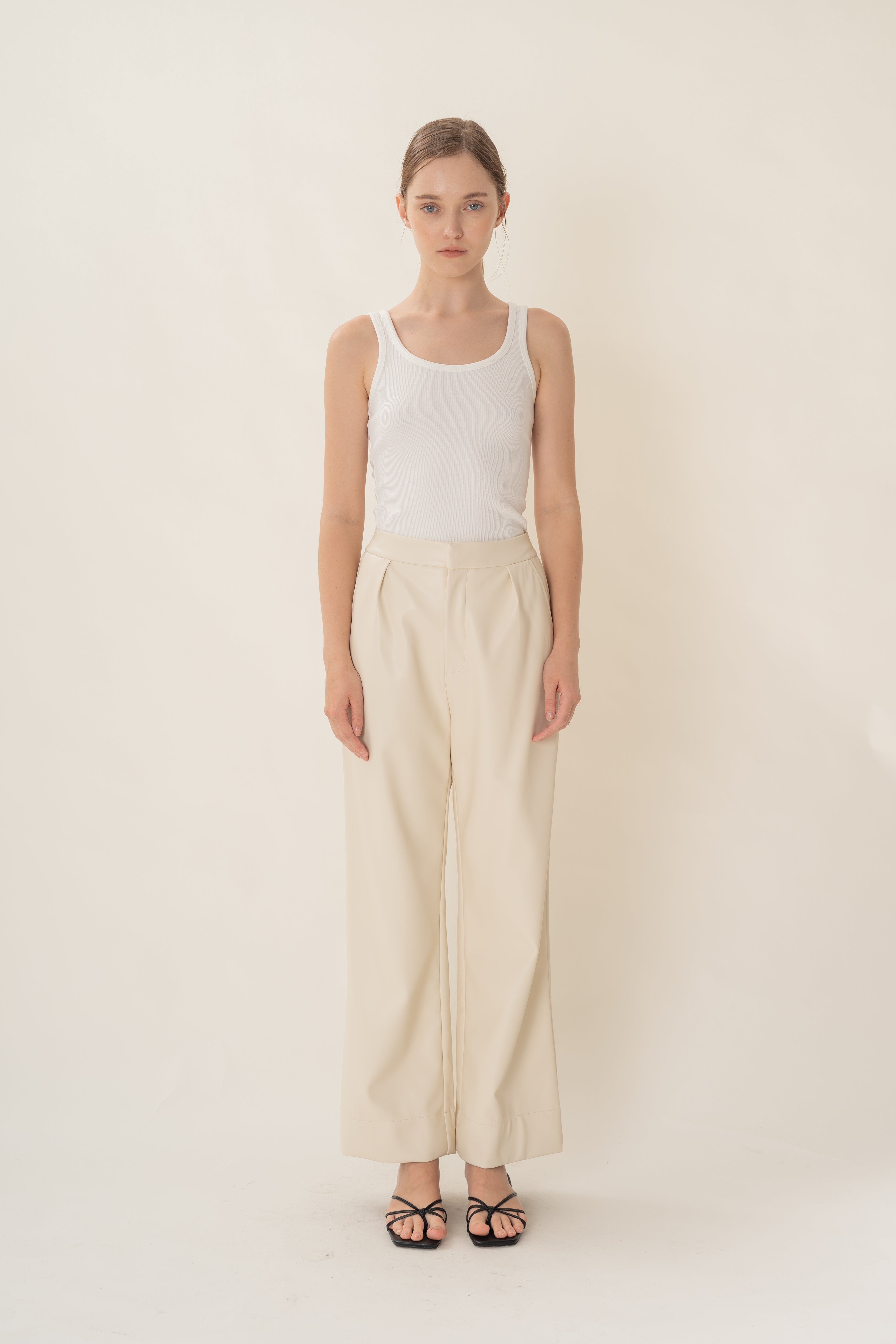 Faux Leather Pleated Trousers in Ivory