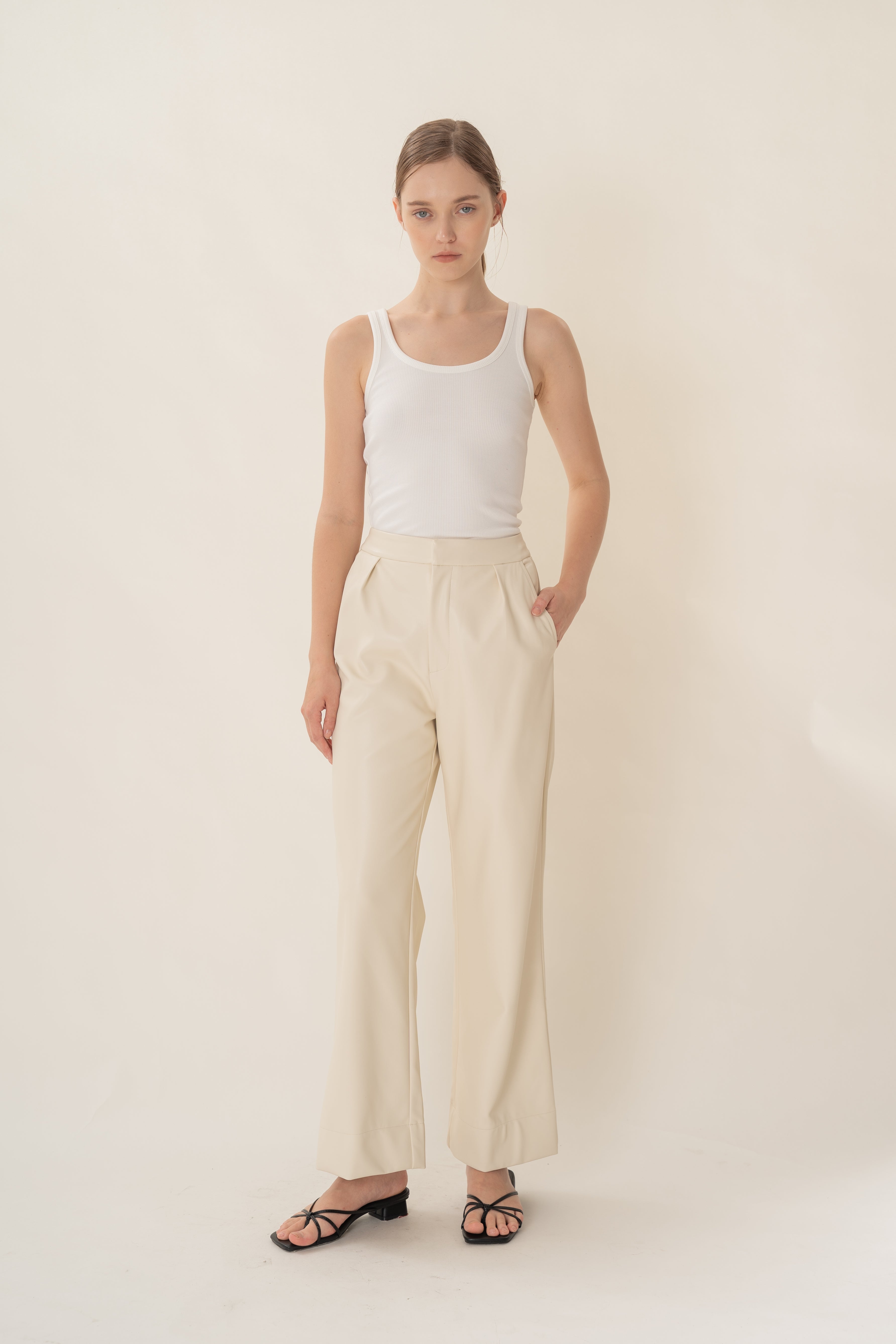 Faux Leather Pleated Trousers in Ivory