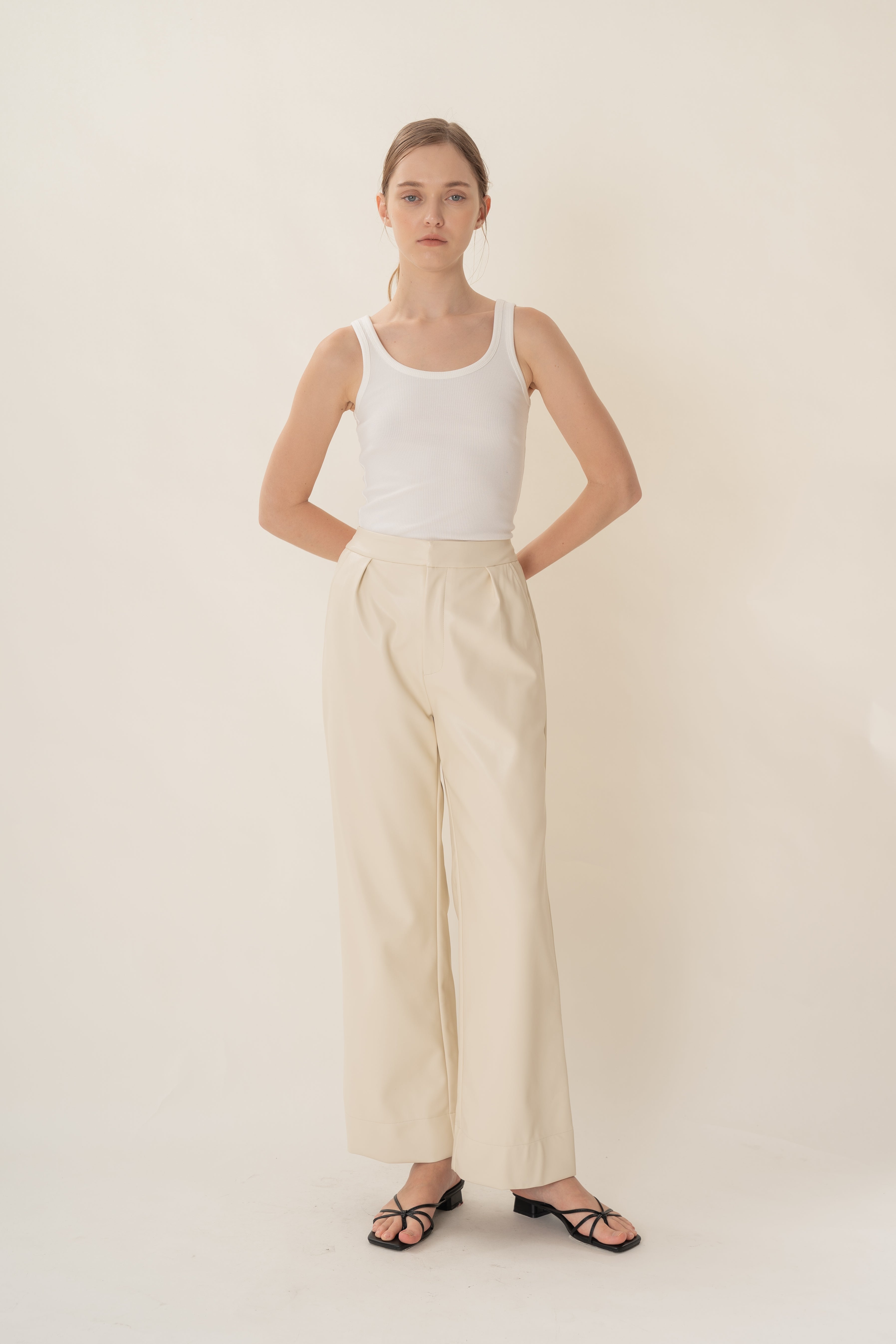 Faux Leather Pleated Trousers in Ivory