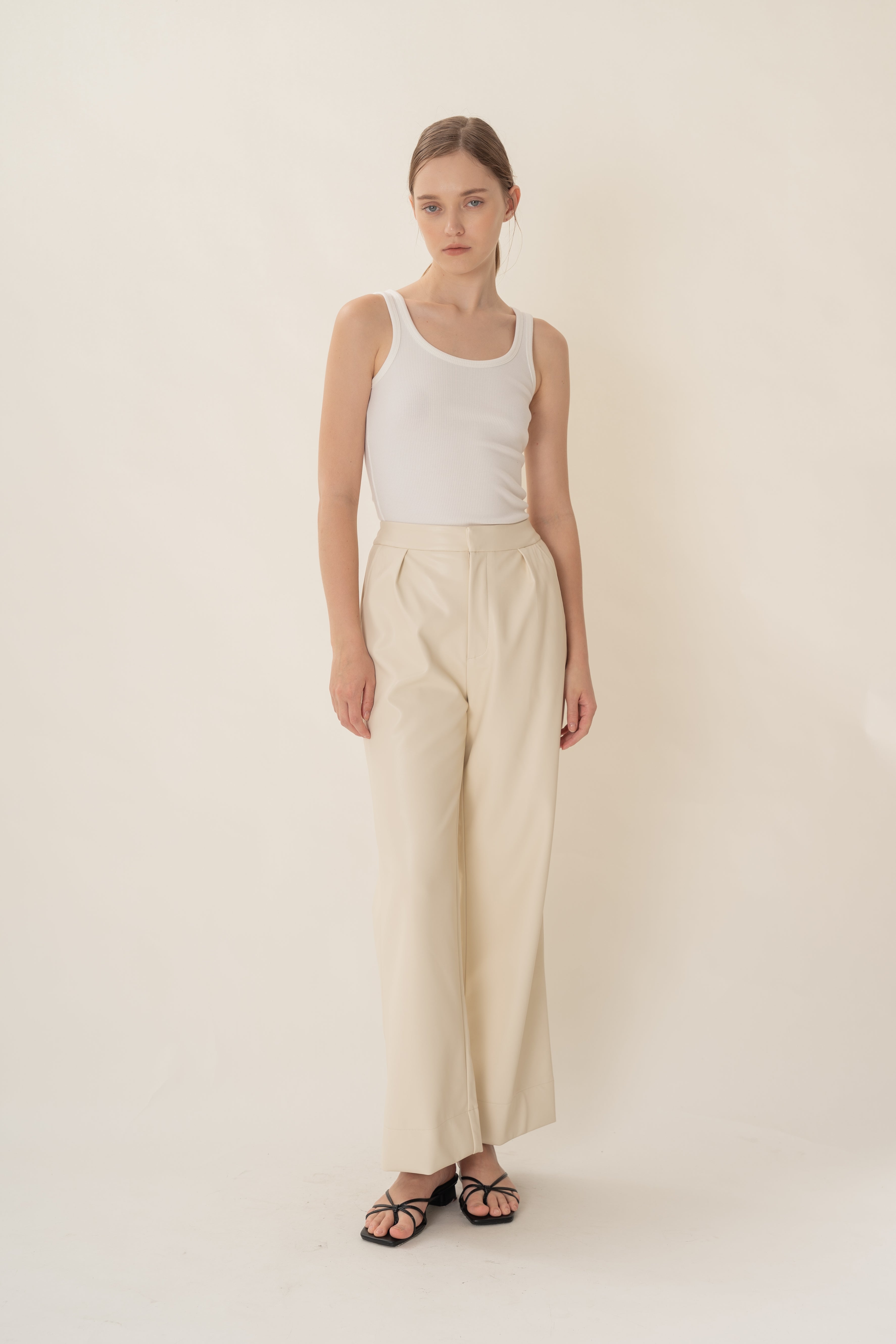 Faux Leather Pleated Trousers in Ivory