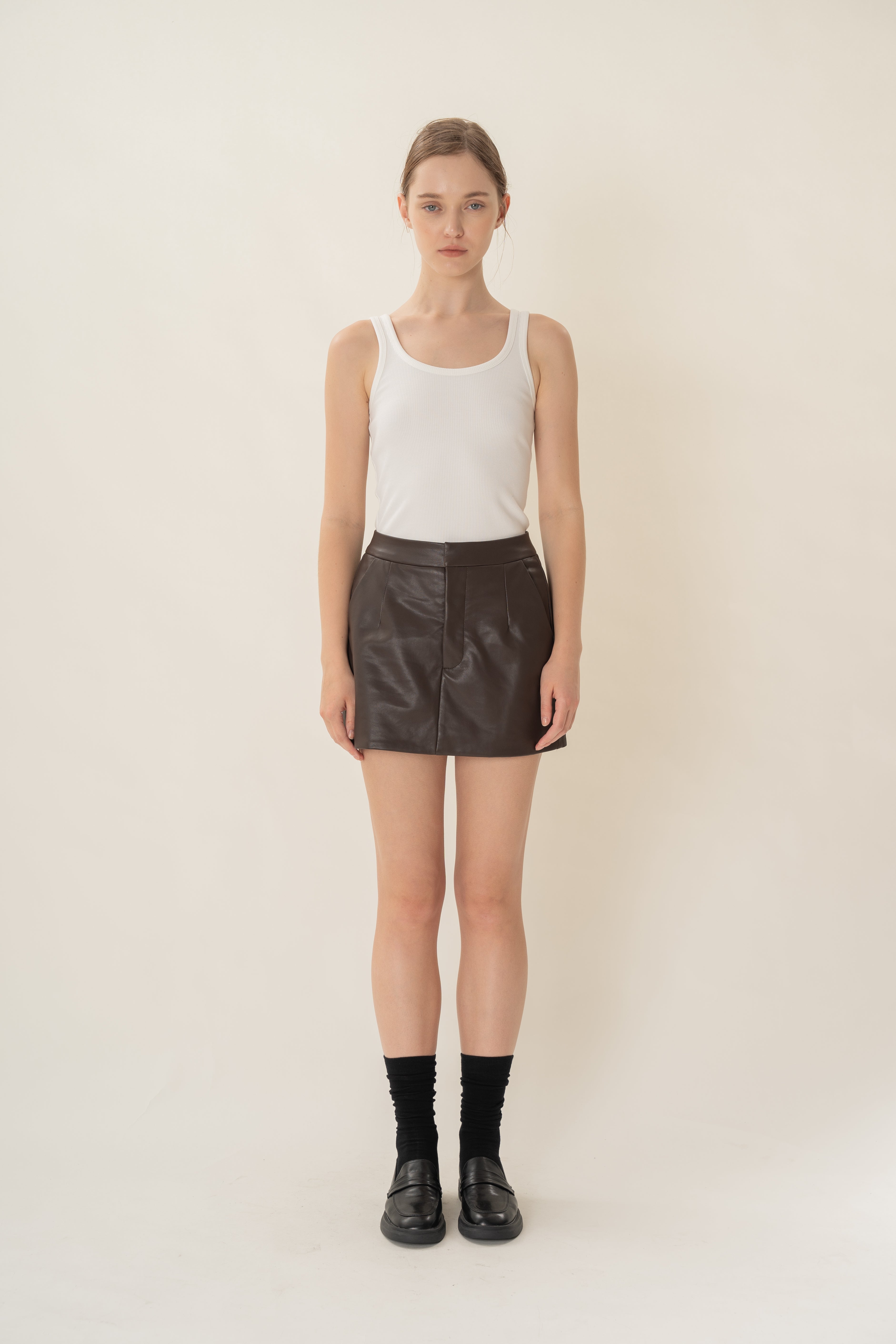 Faux Leather Skort in Umber