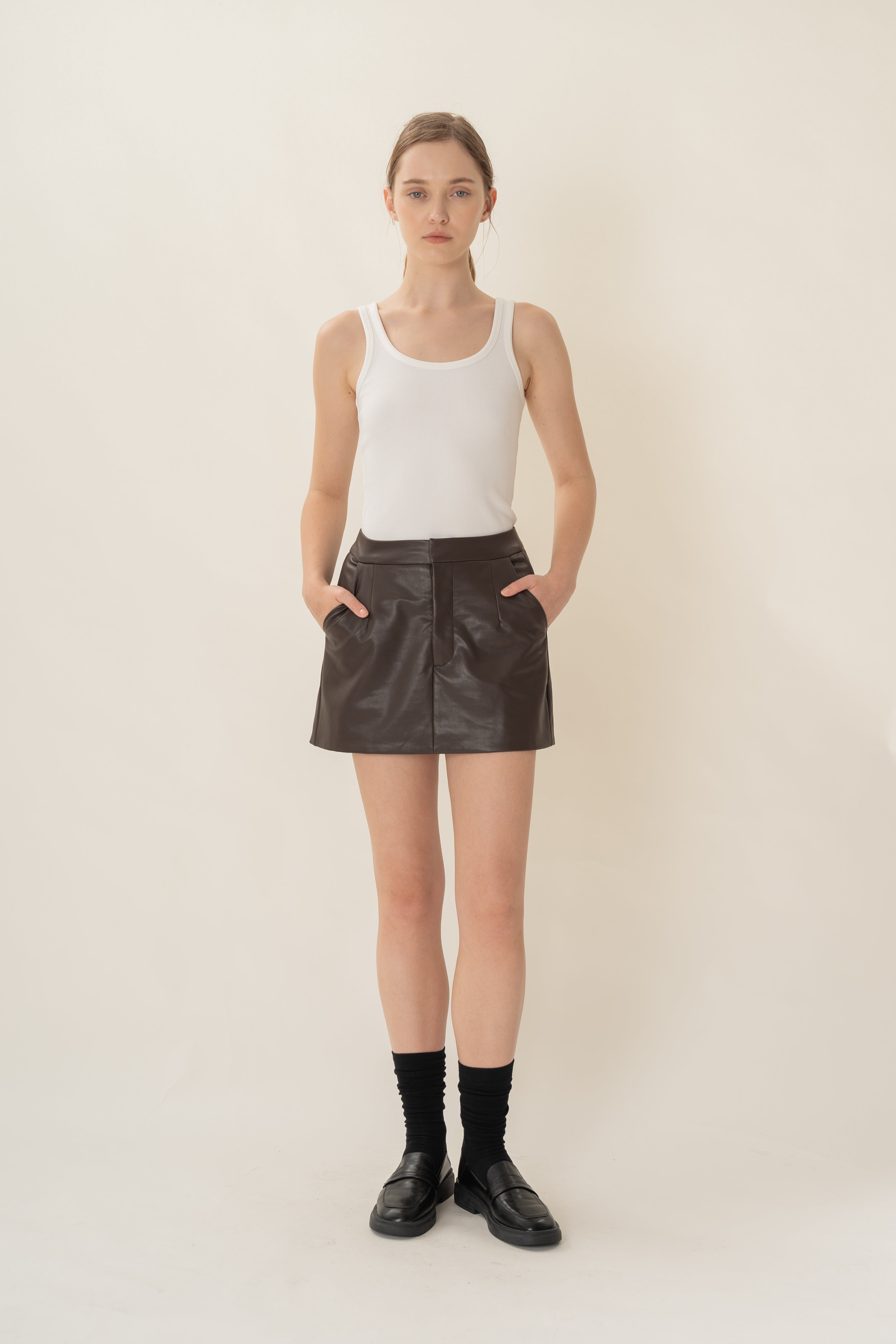 Faux Leather Skort in Umber