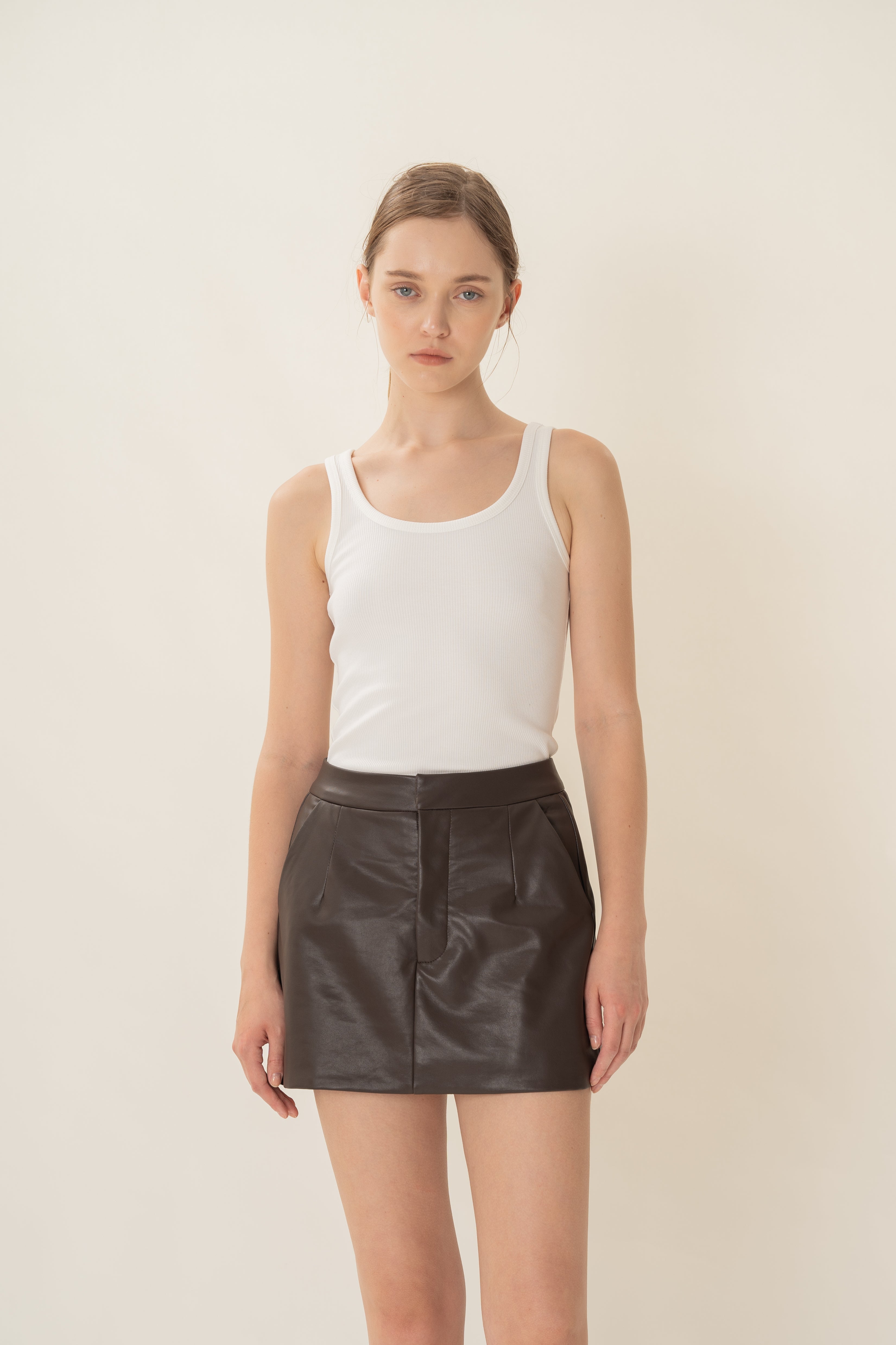 Faux Leather Skort in Umber