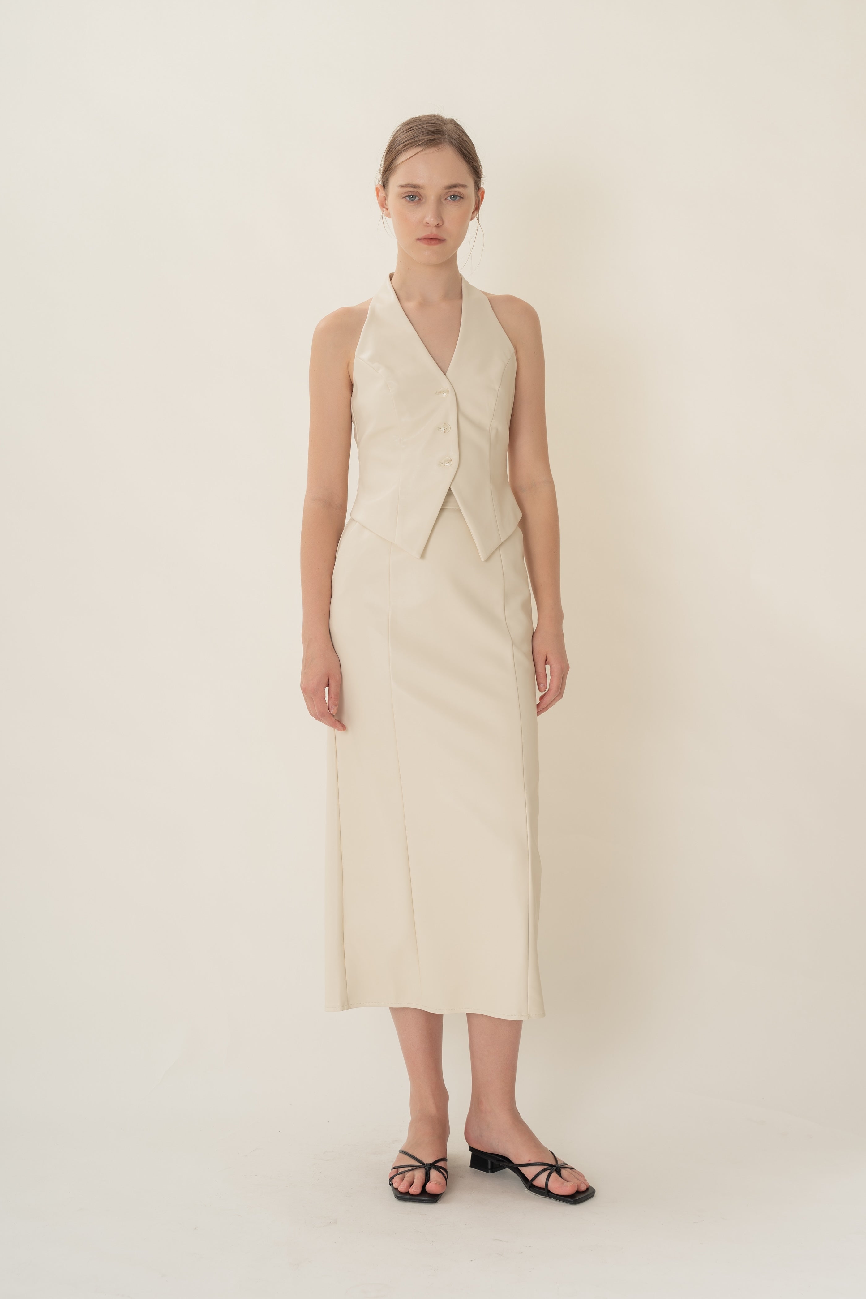 Faux Leather Straight Skirt in Ivory