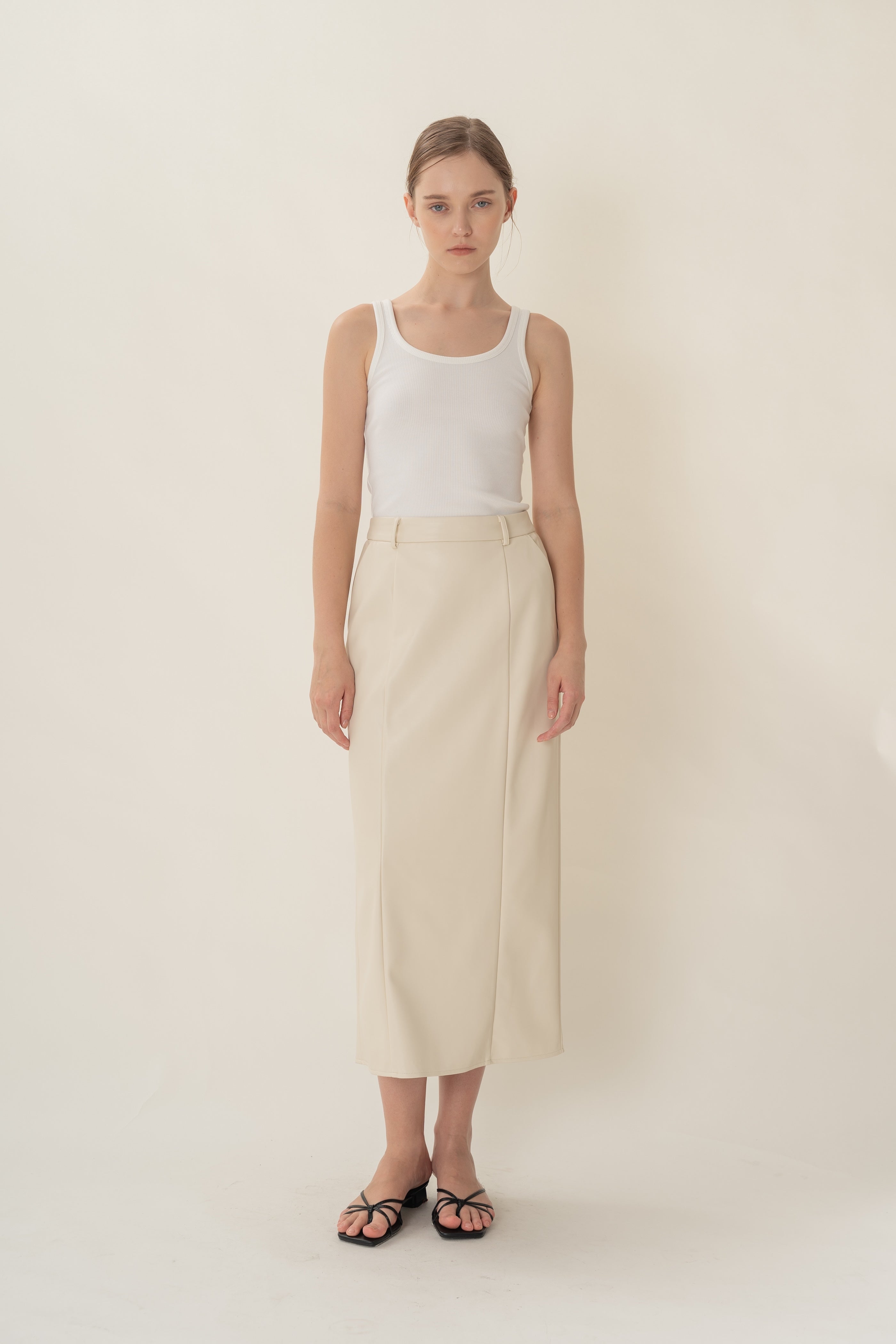 Faux Leather Straight Skirt in Ivory