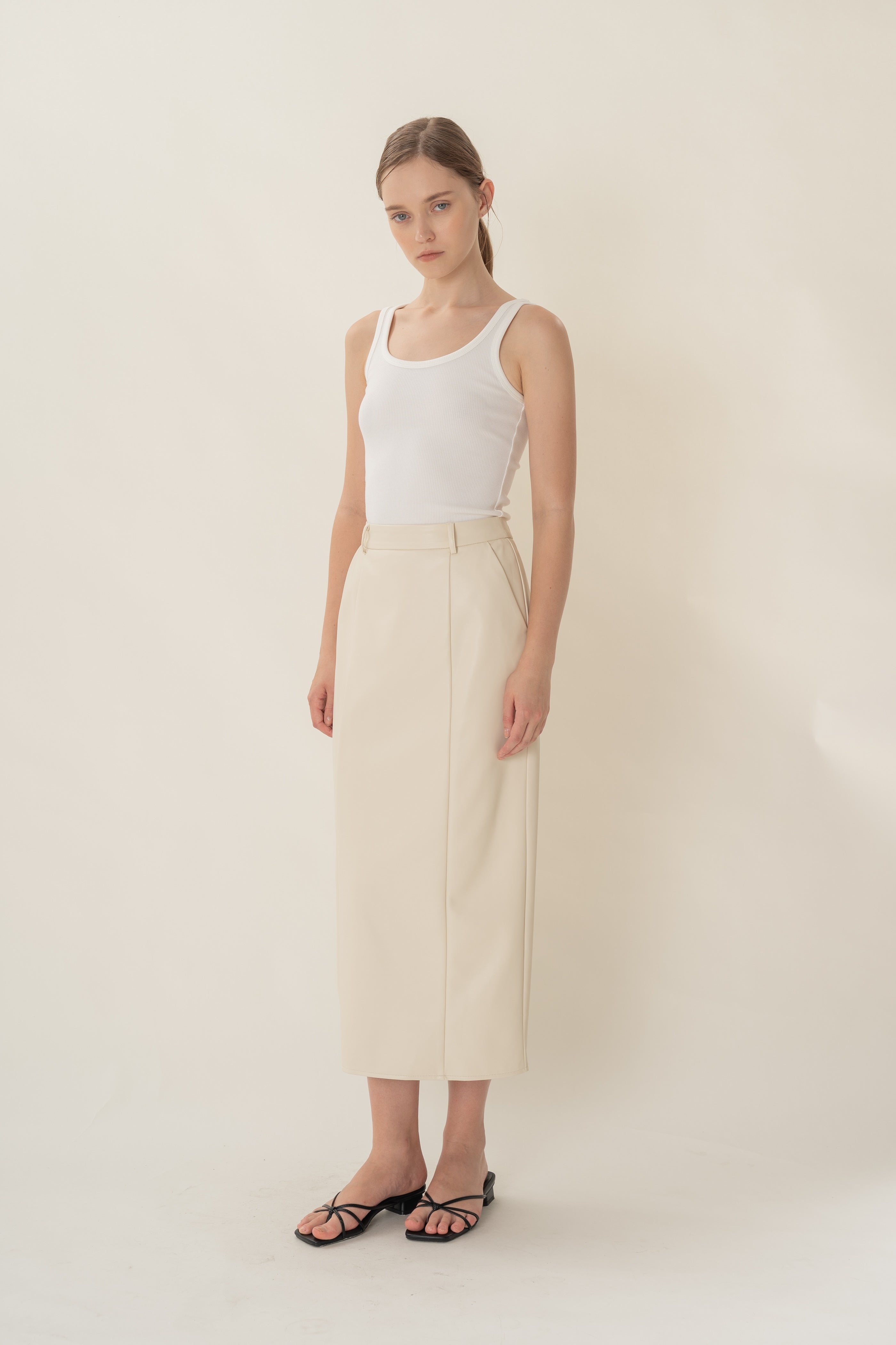 Faux Leather Straight Skirt in Ivory