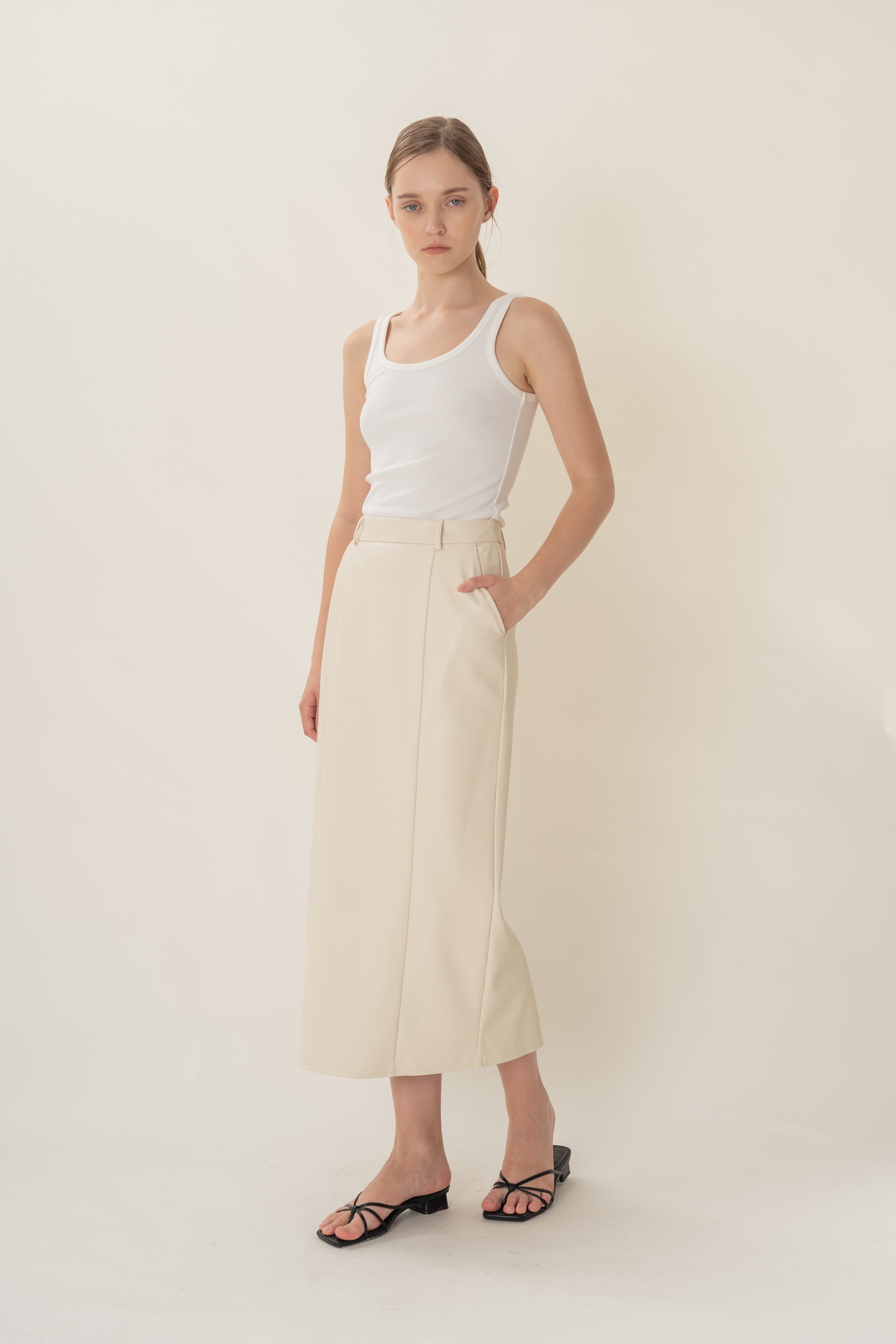 Faux Leather Straight Skirt in Ivory