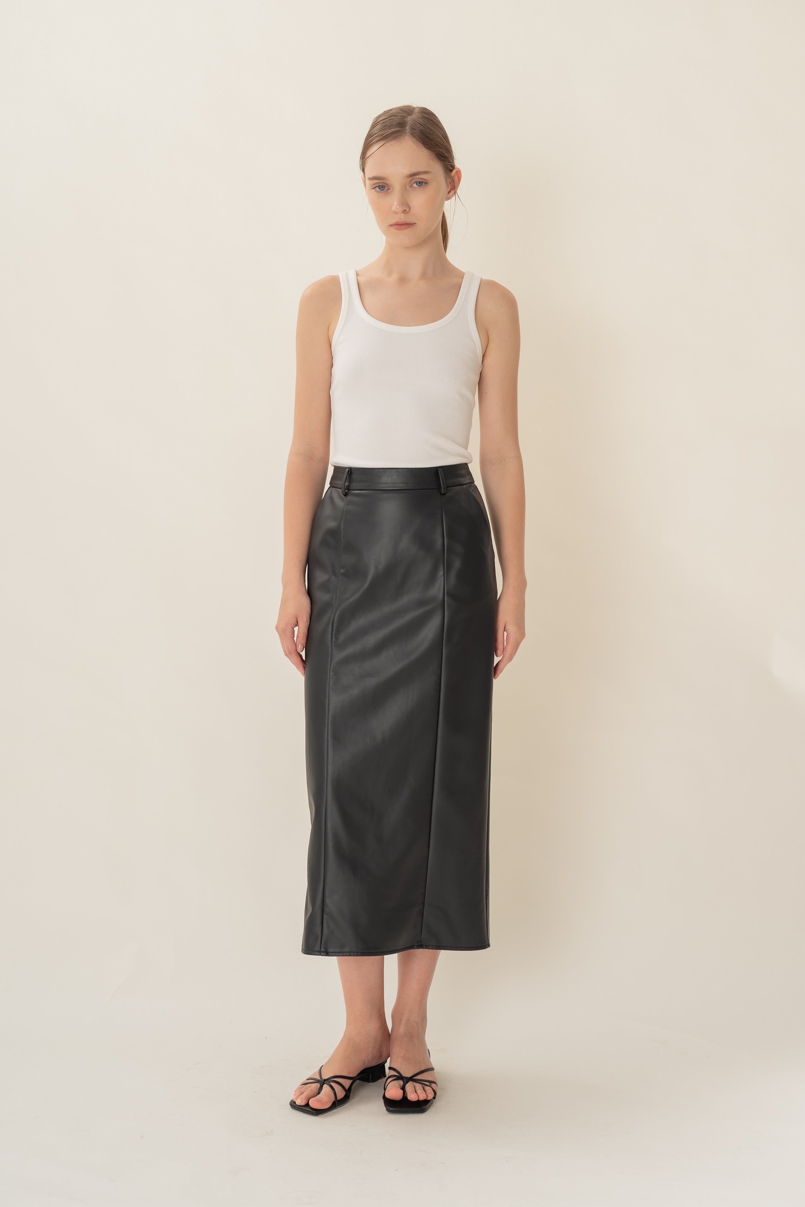 Faux Leather Straight Skirt in Black