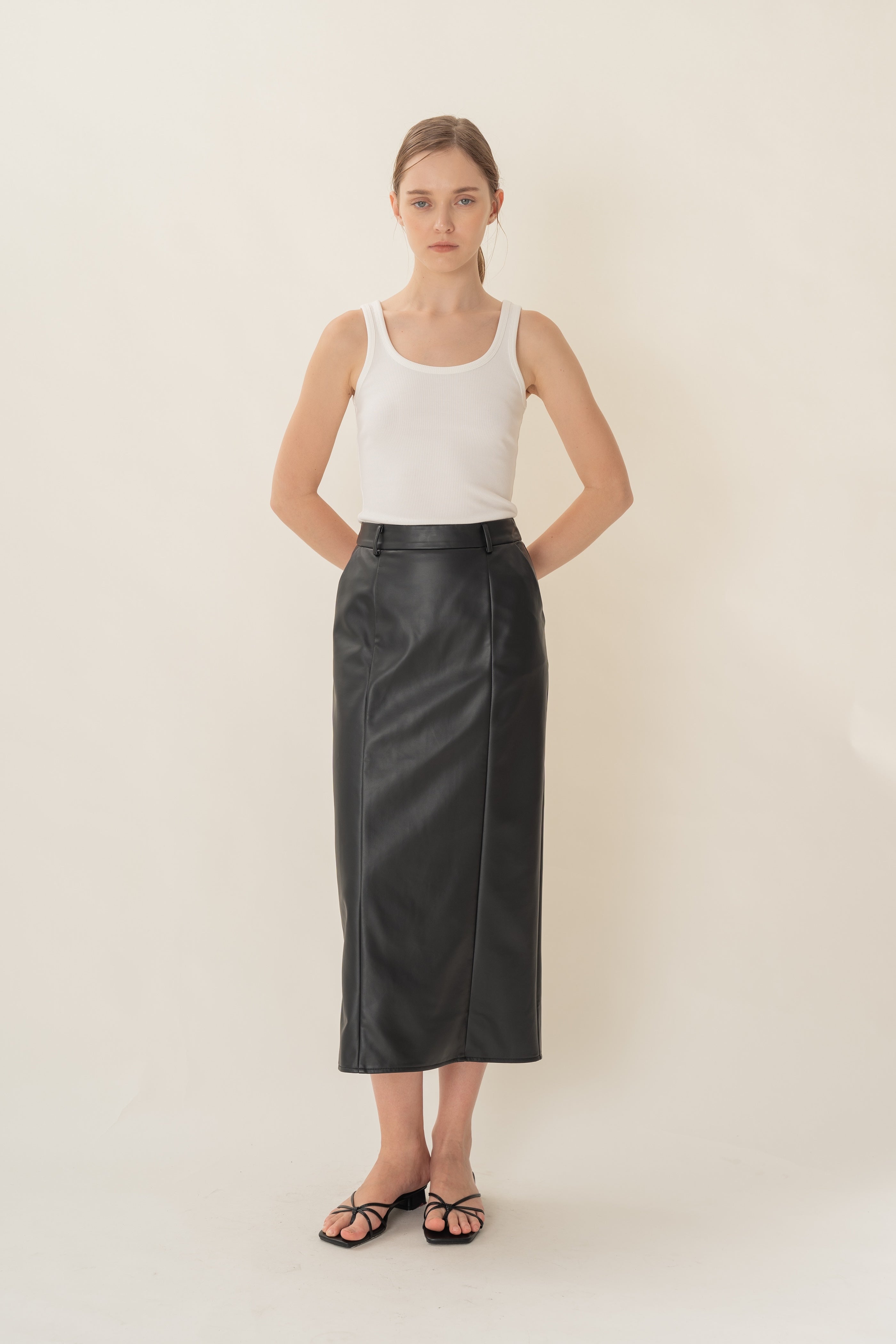 Faux Leather Straight Skirt in Black