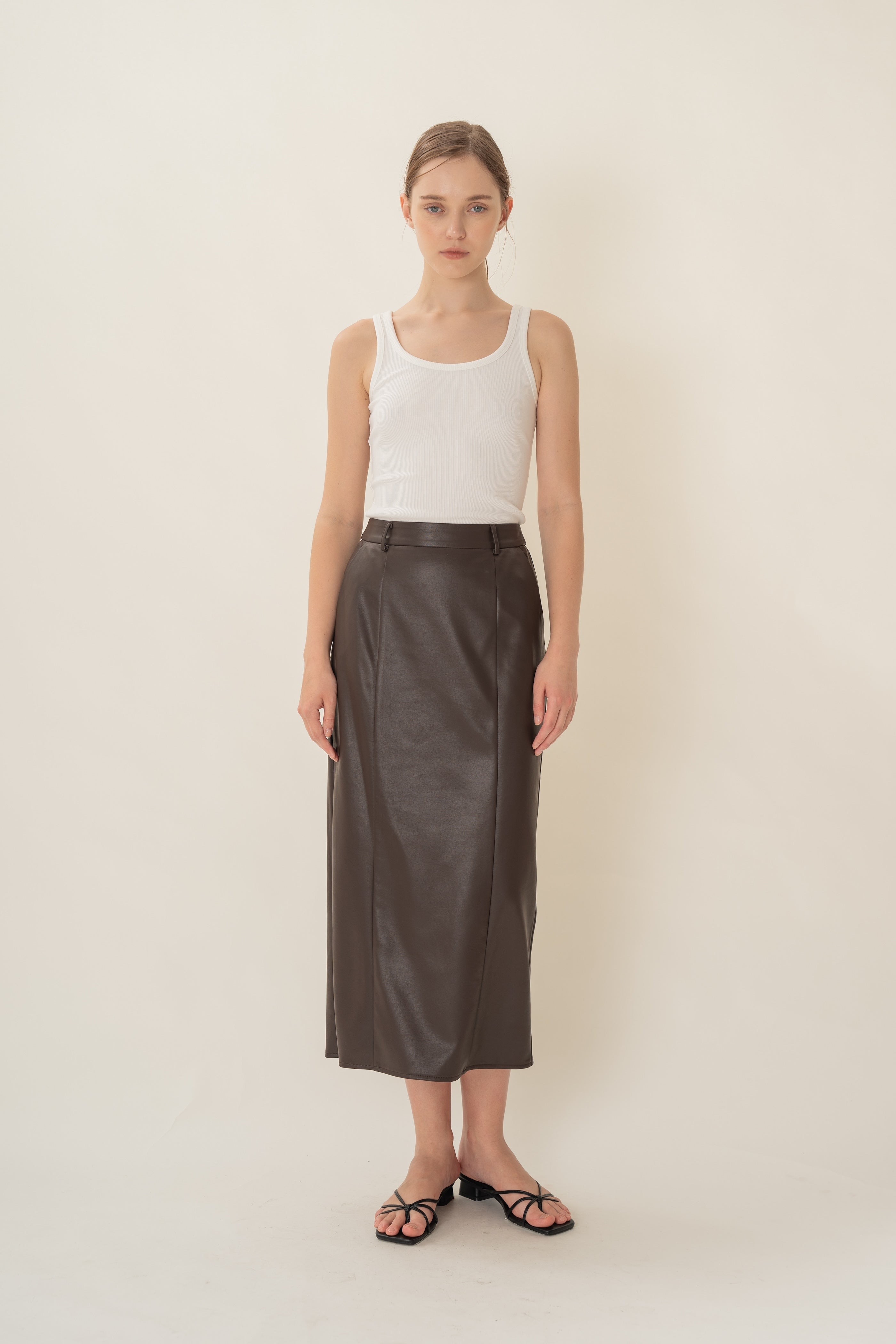 Faux Leather Straight Skirt in Umber
