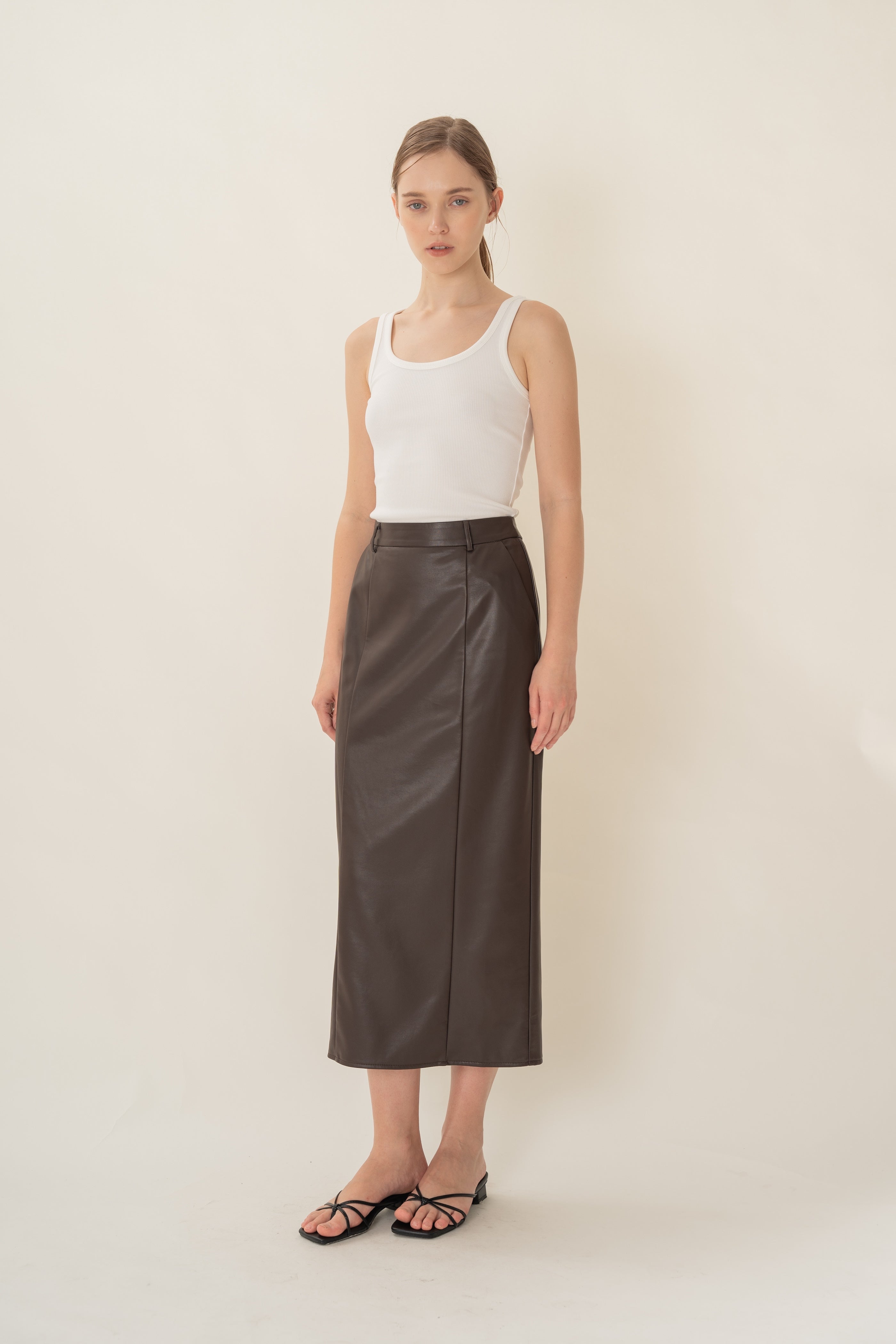 Faux Leather Straight Skirt in Umber