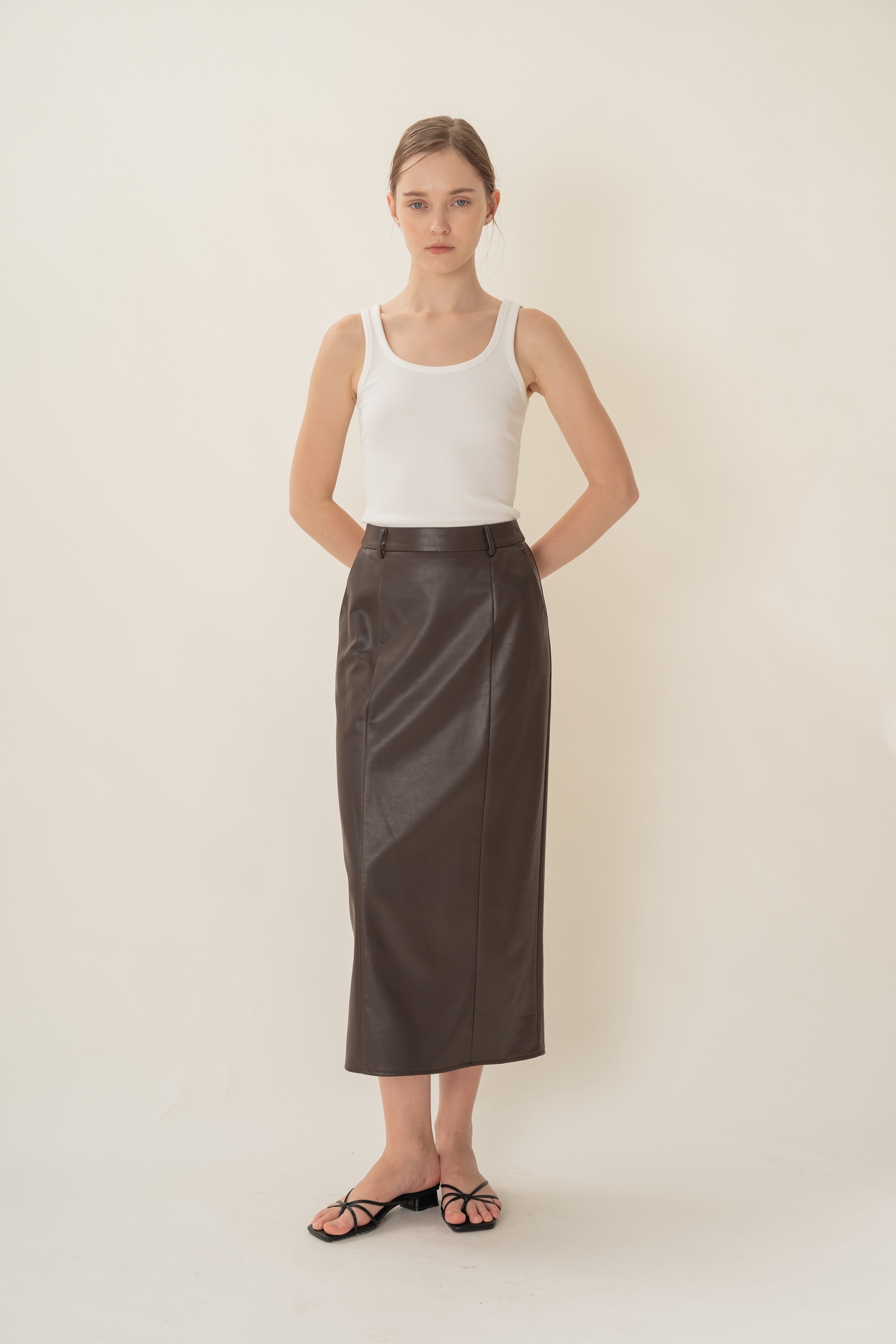 Faux Leather Straight Skirt in Umber