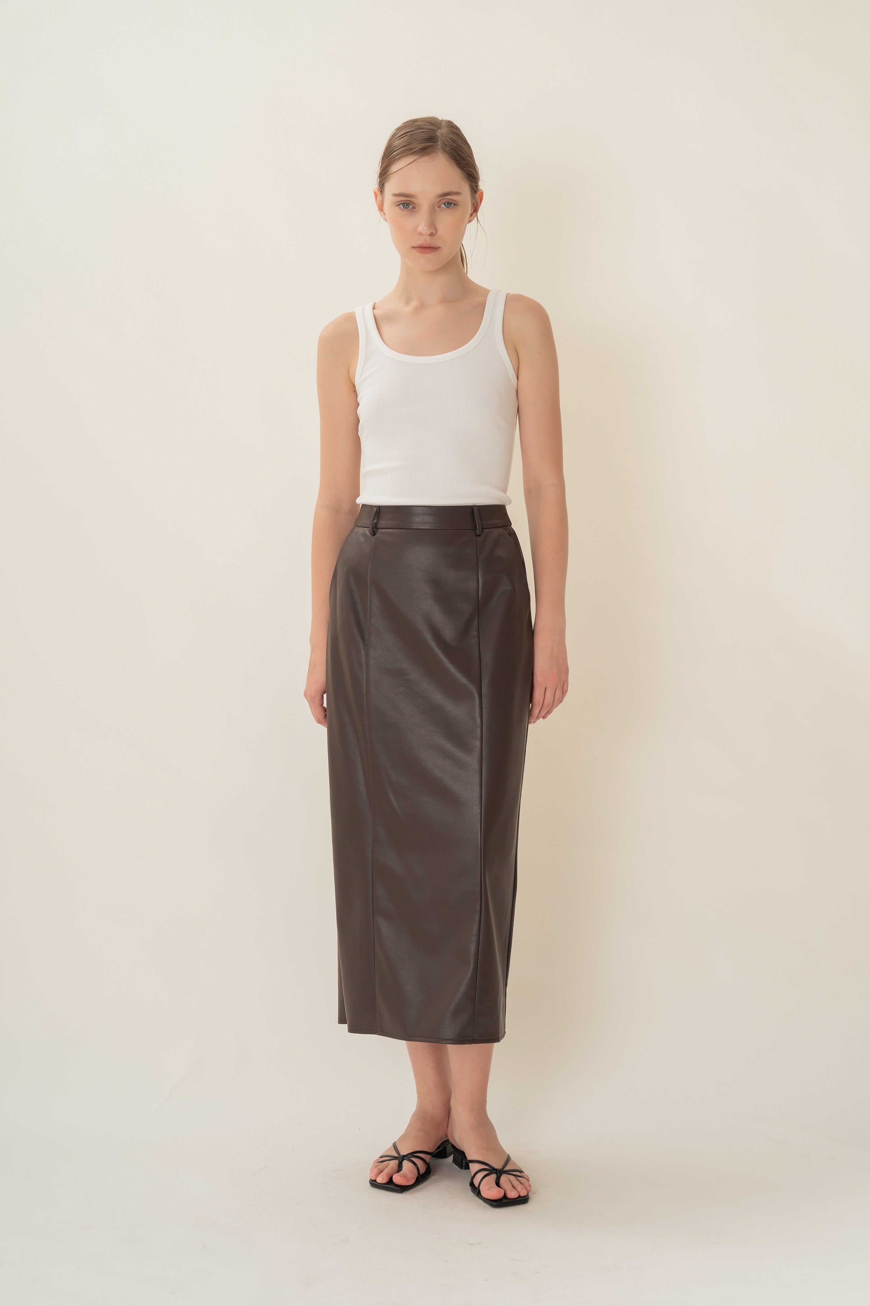 Faux Leather Straight Skirt in Umber