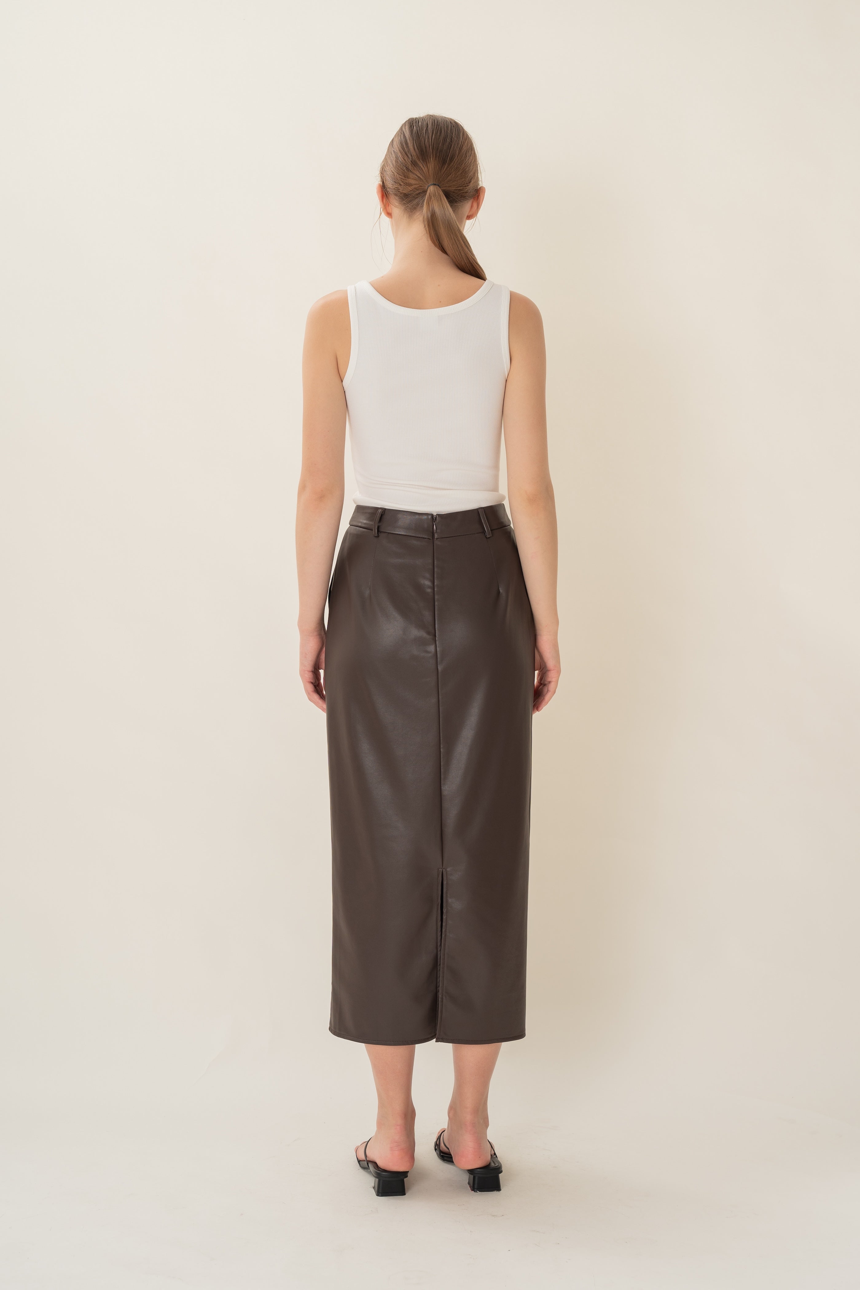 Faux Leather Straight Skirt in Umber