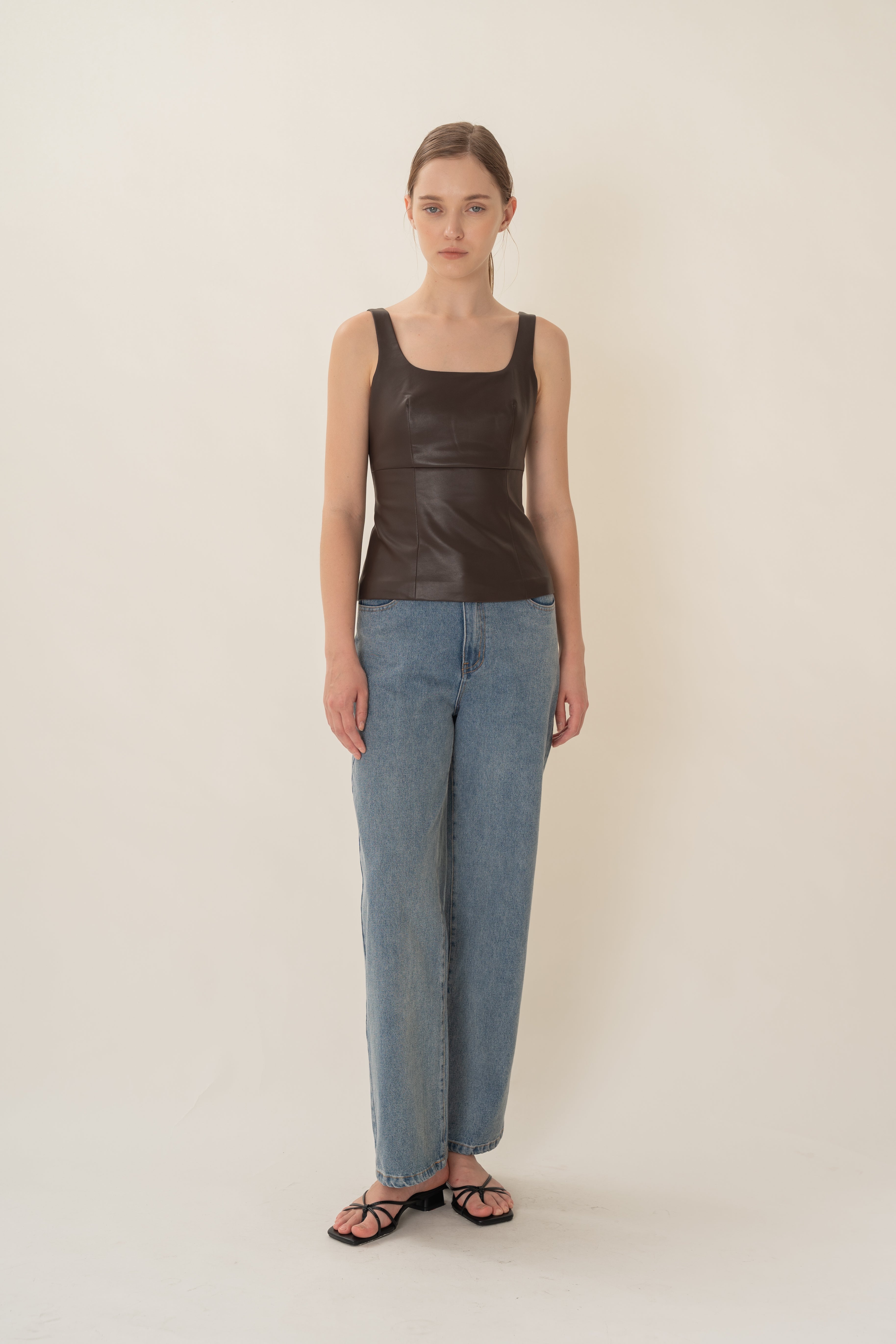 Faux Leather Scoop-Neck Top in Umber