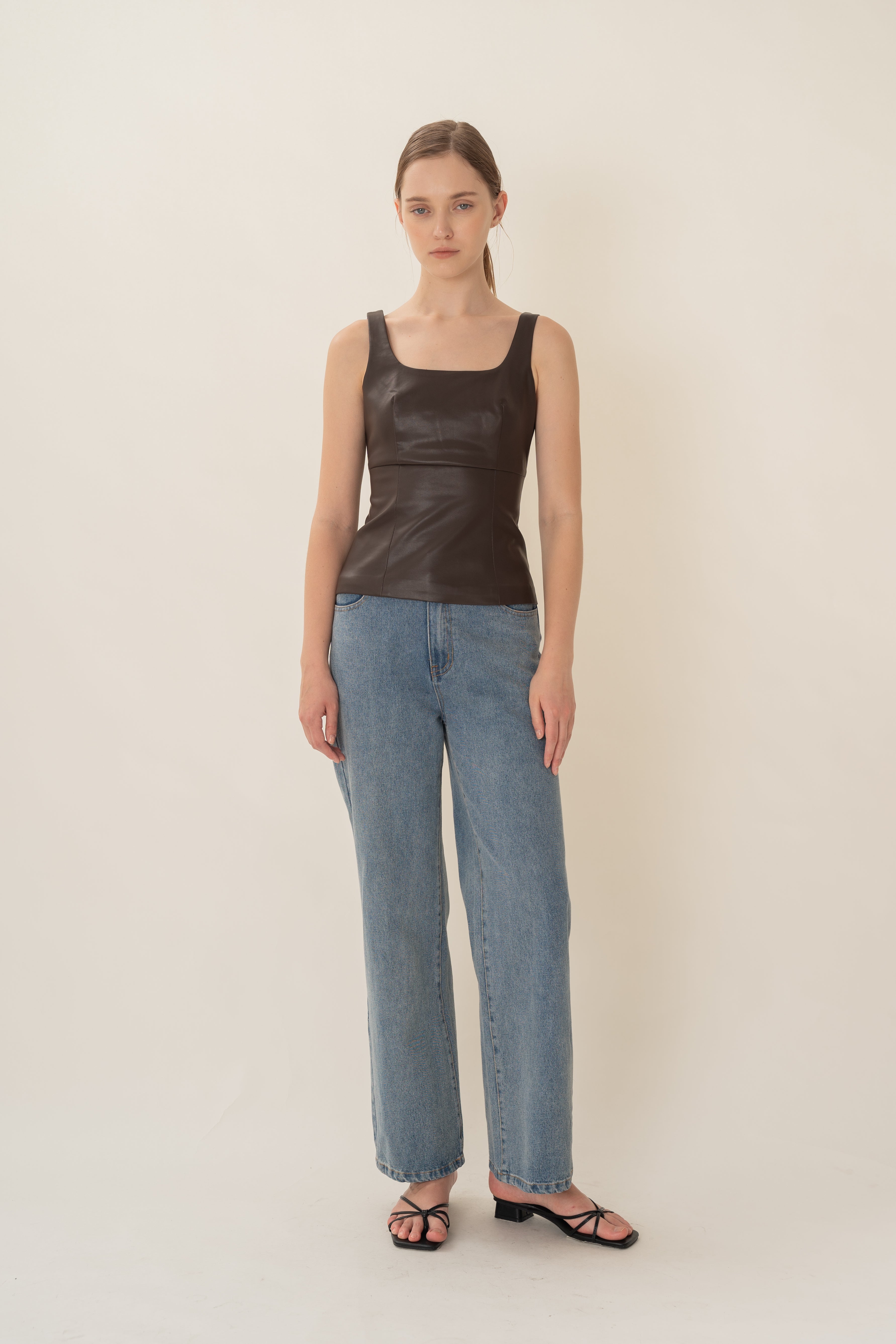 Faux Leather Scoop-Neck Top in Umber