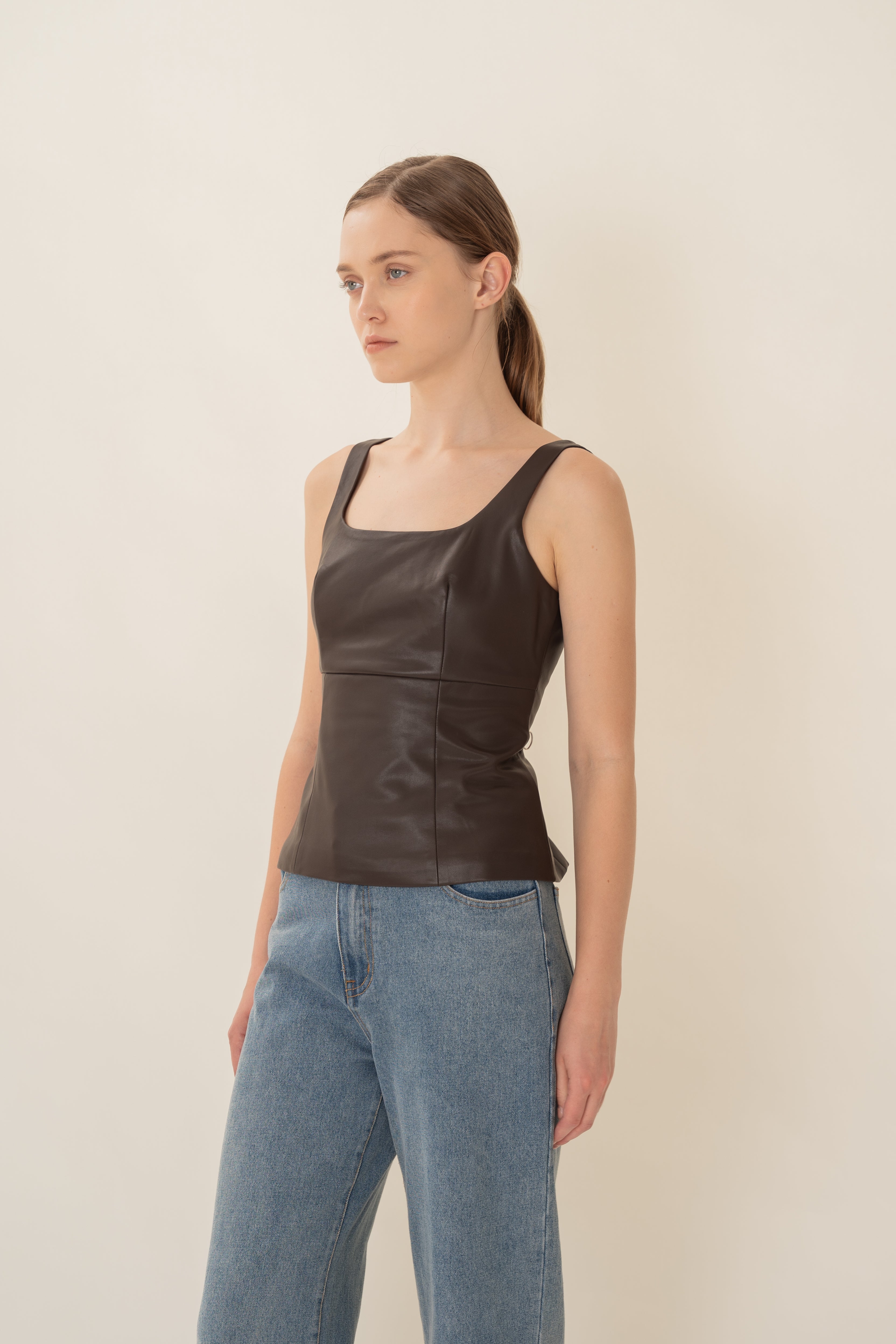 Faux Leather Scoop-Neck Top in Umber