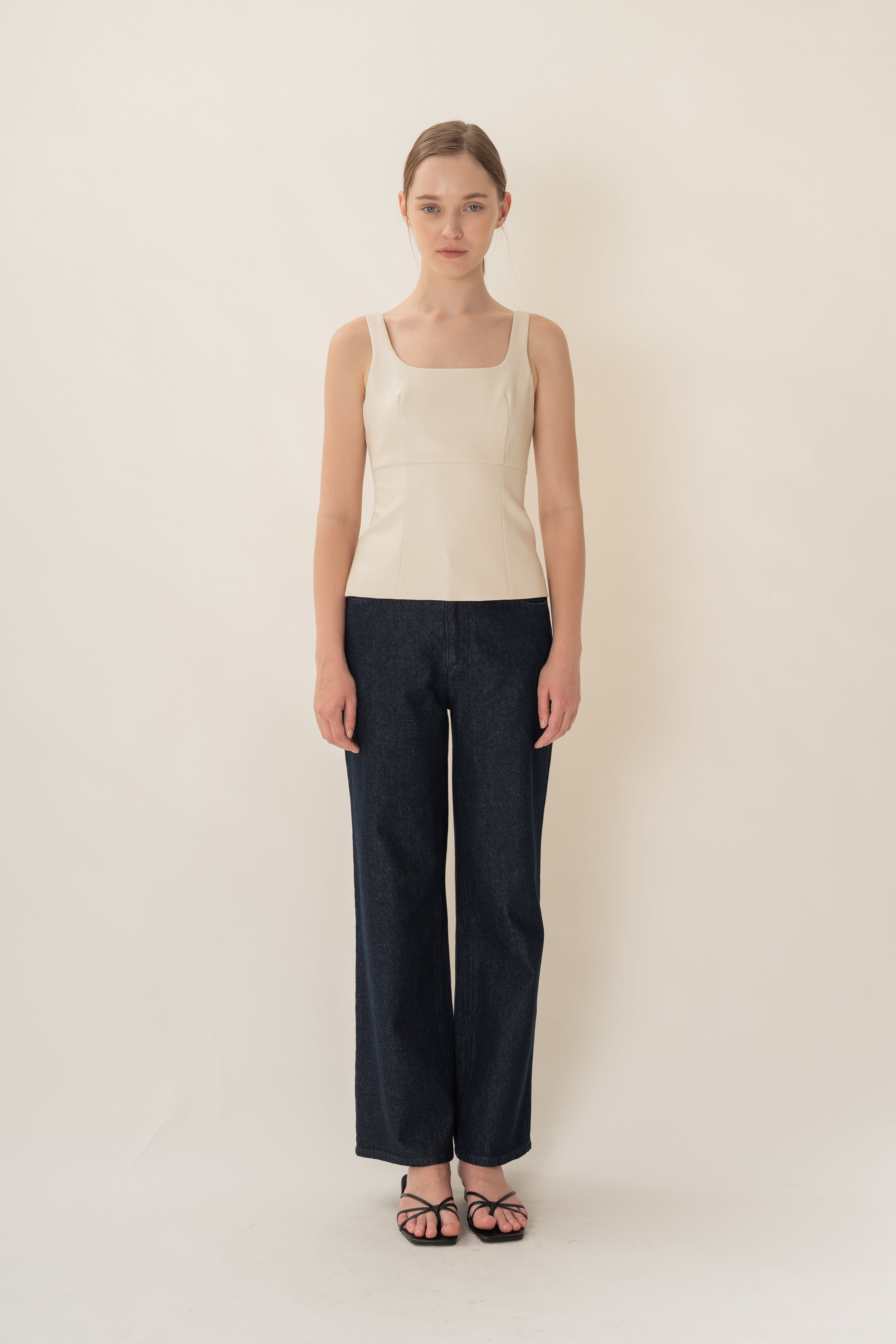 Faux Leather Scoop-Neck Top in Ivory