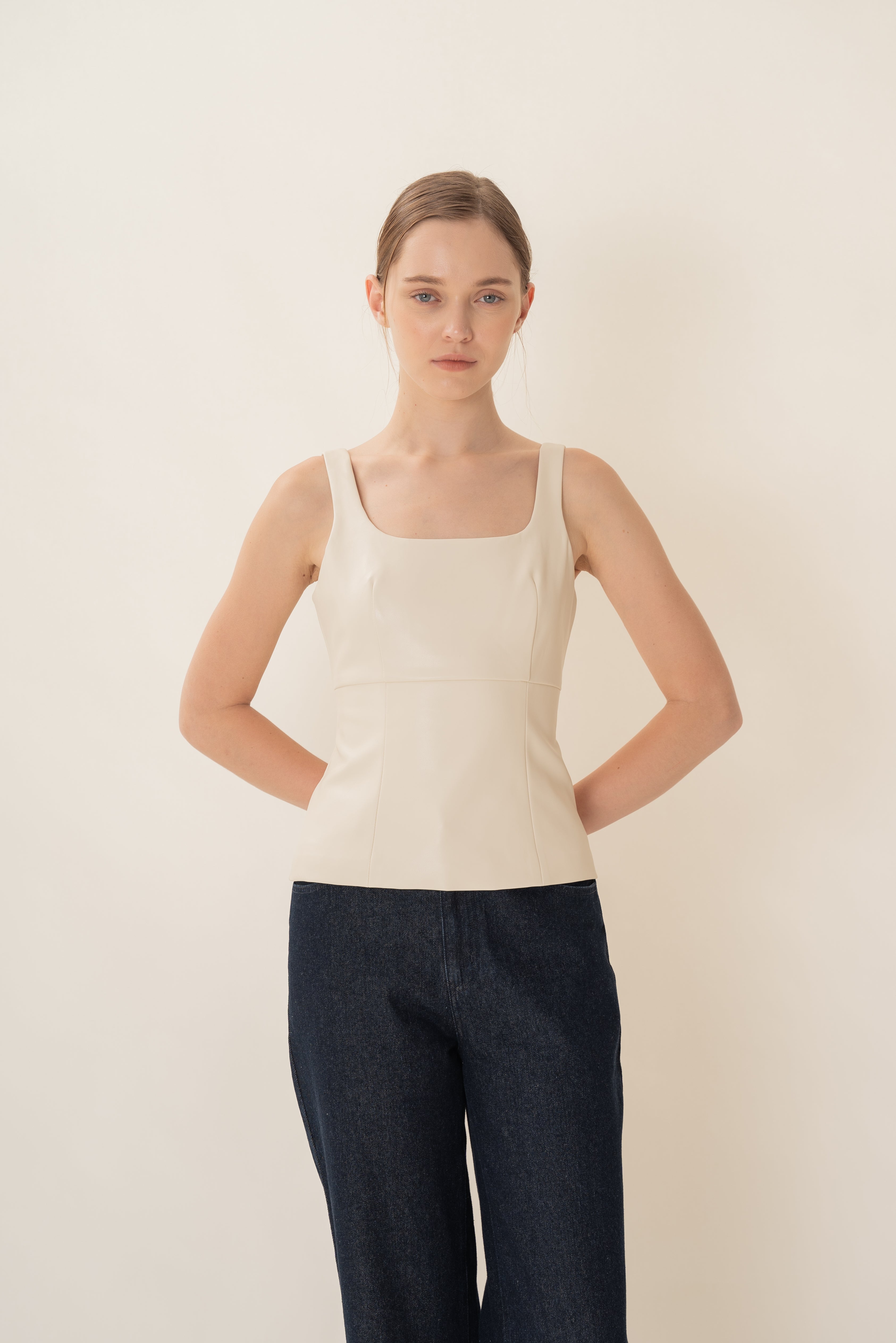 Faux Leather Scoop-Neck Top in Ivory