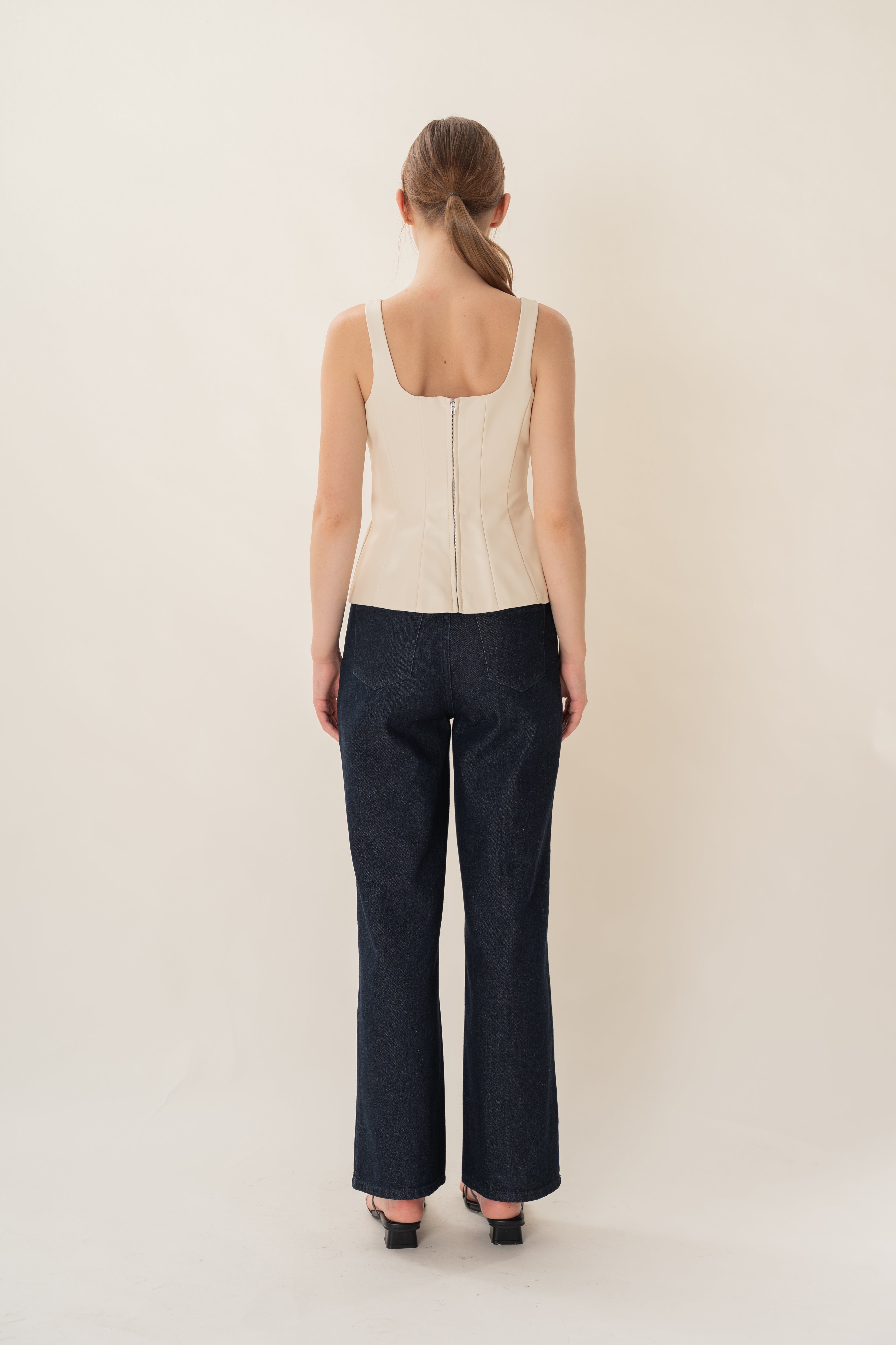 Faux Leather Scoop-Neck Top in Ivory