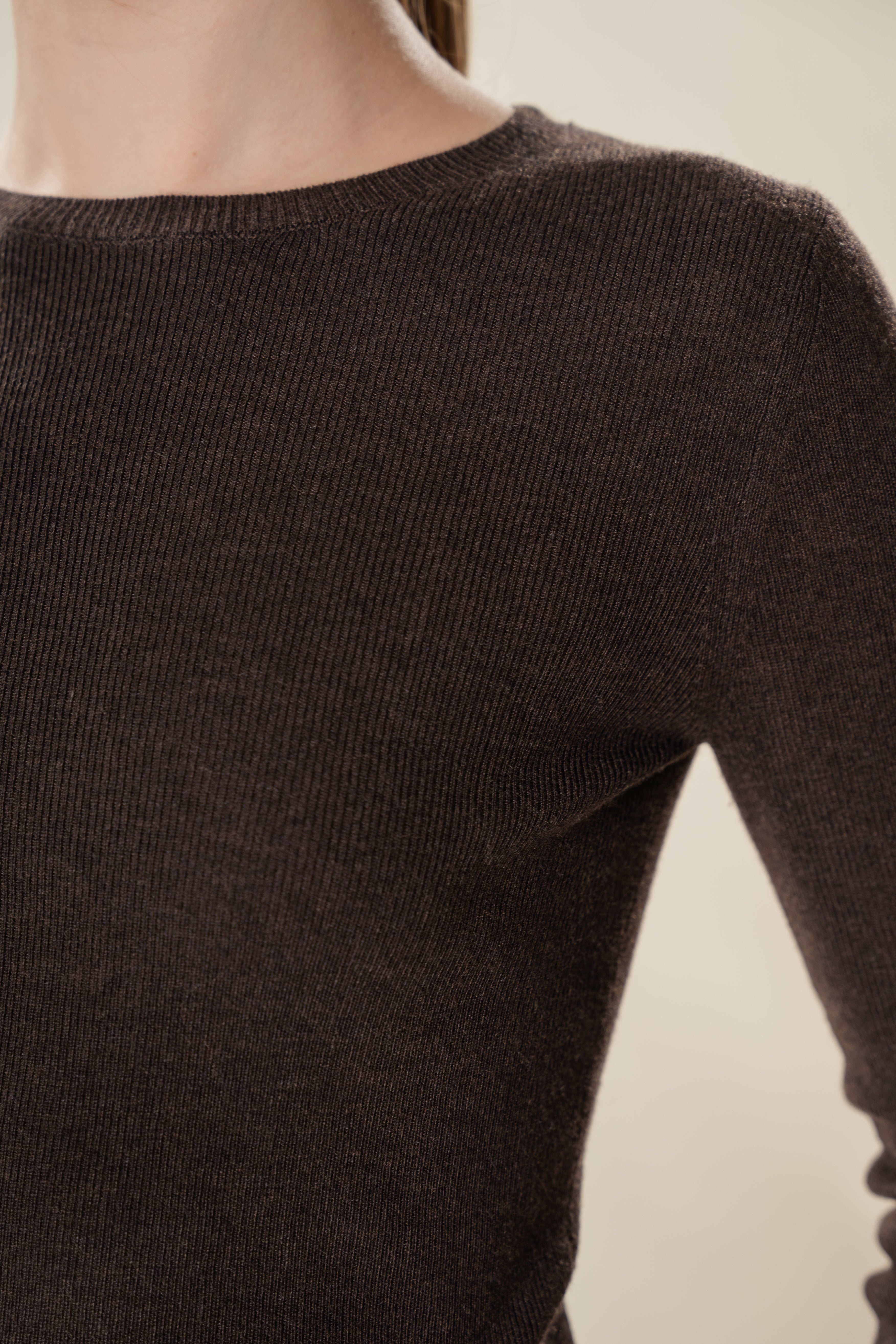 Round-Neck Fine Knit Sweater in Umber