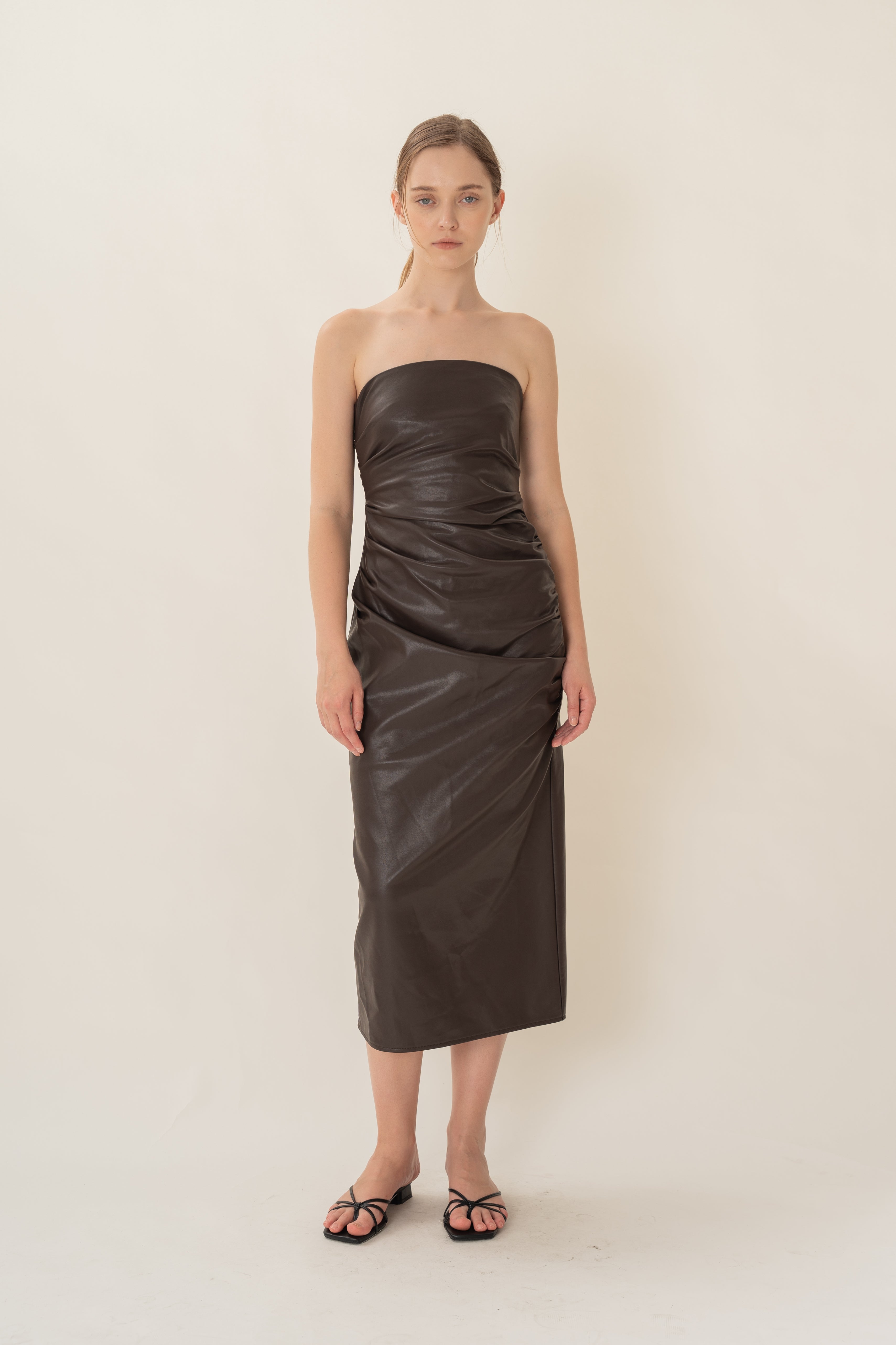 Faux Leather Ruched Bandeau Dress in Umber