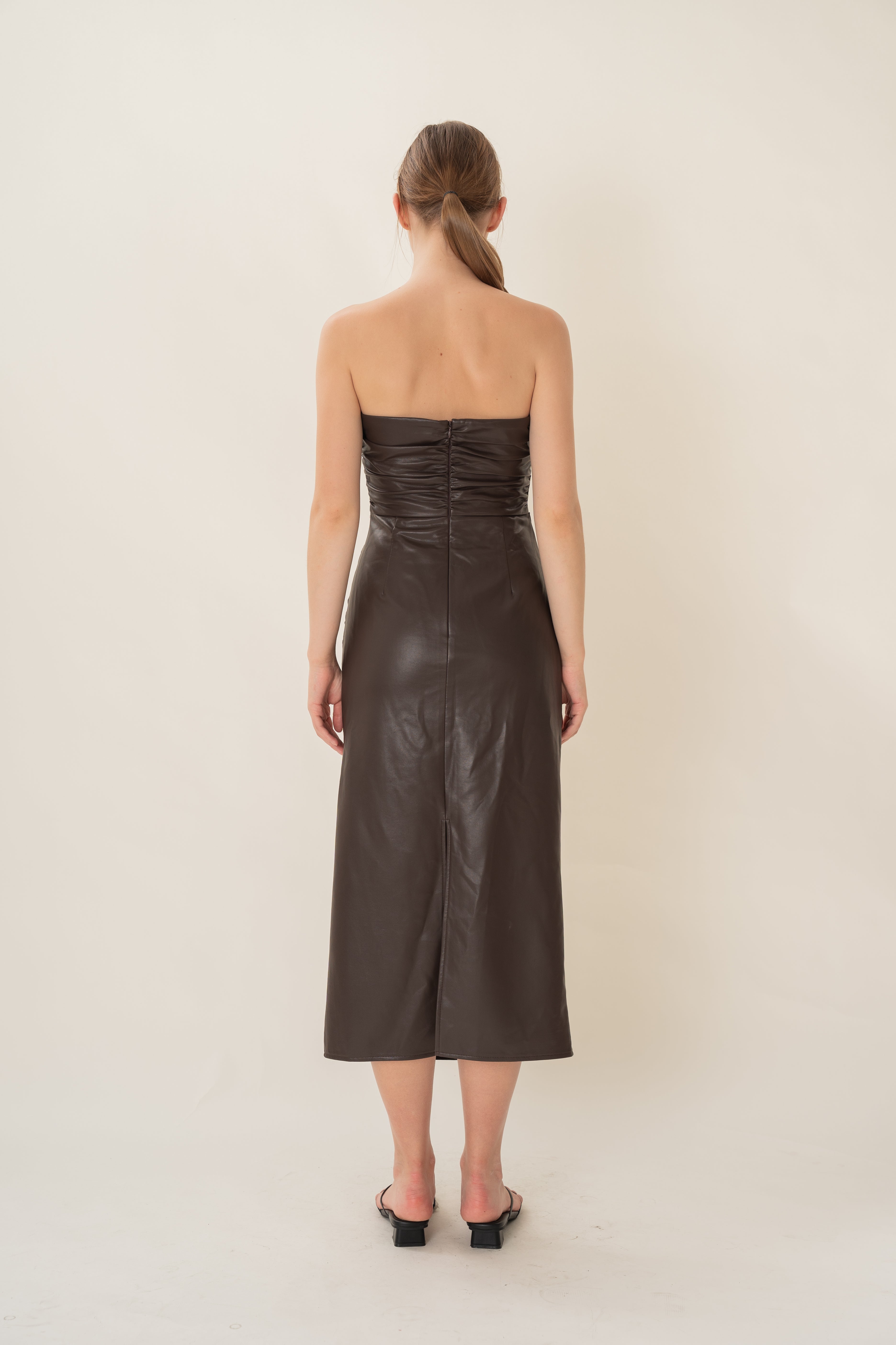Faux Leather Ruched Bandeau Dress in Umber