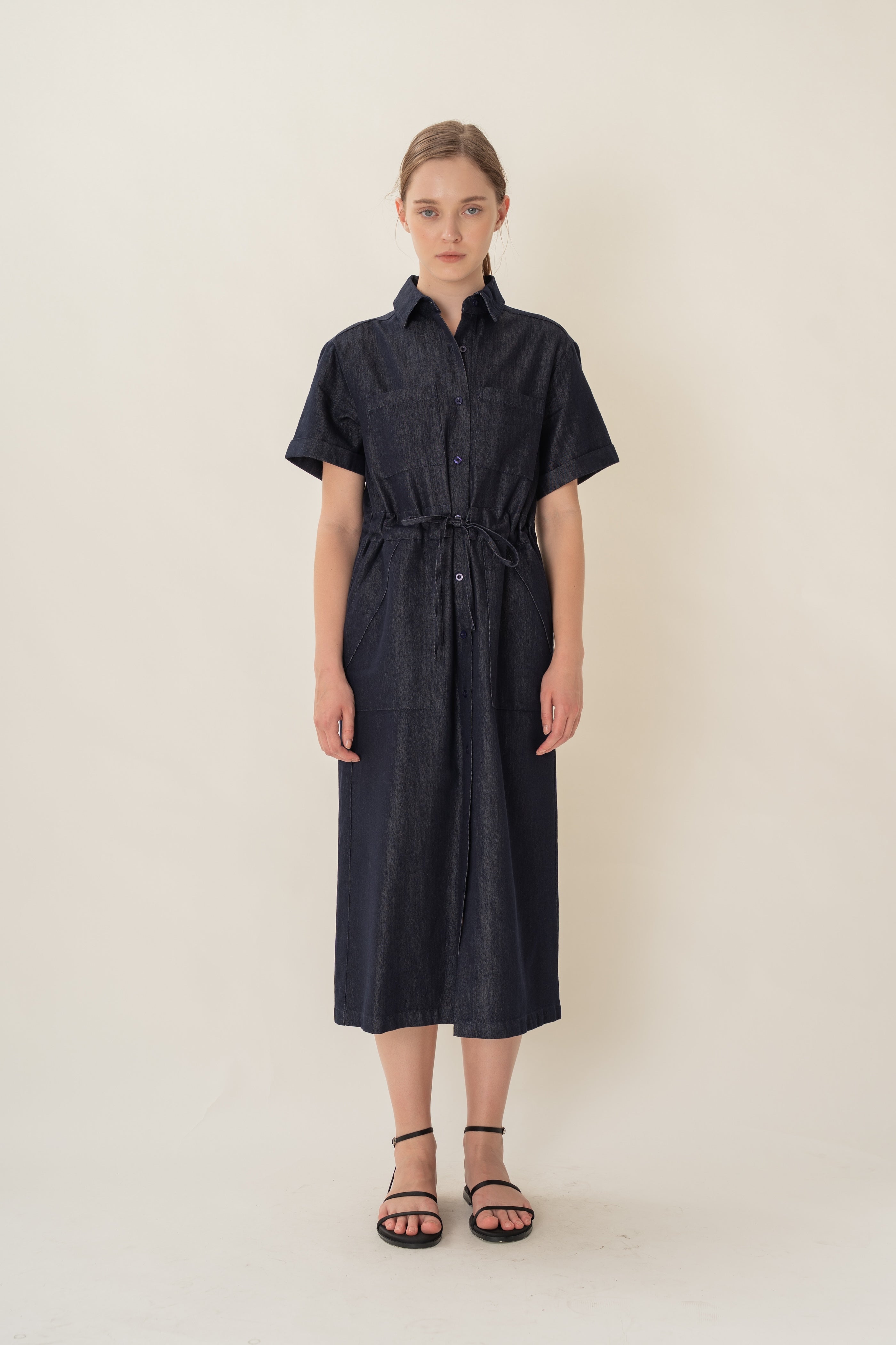 Denim Belted Midi Shirt Dress in Dark Wash