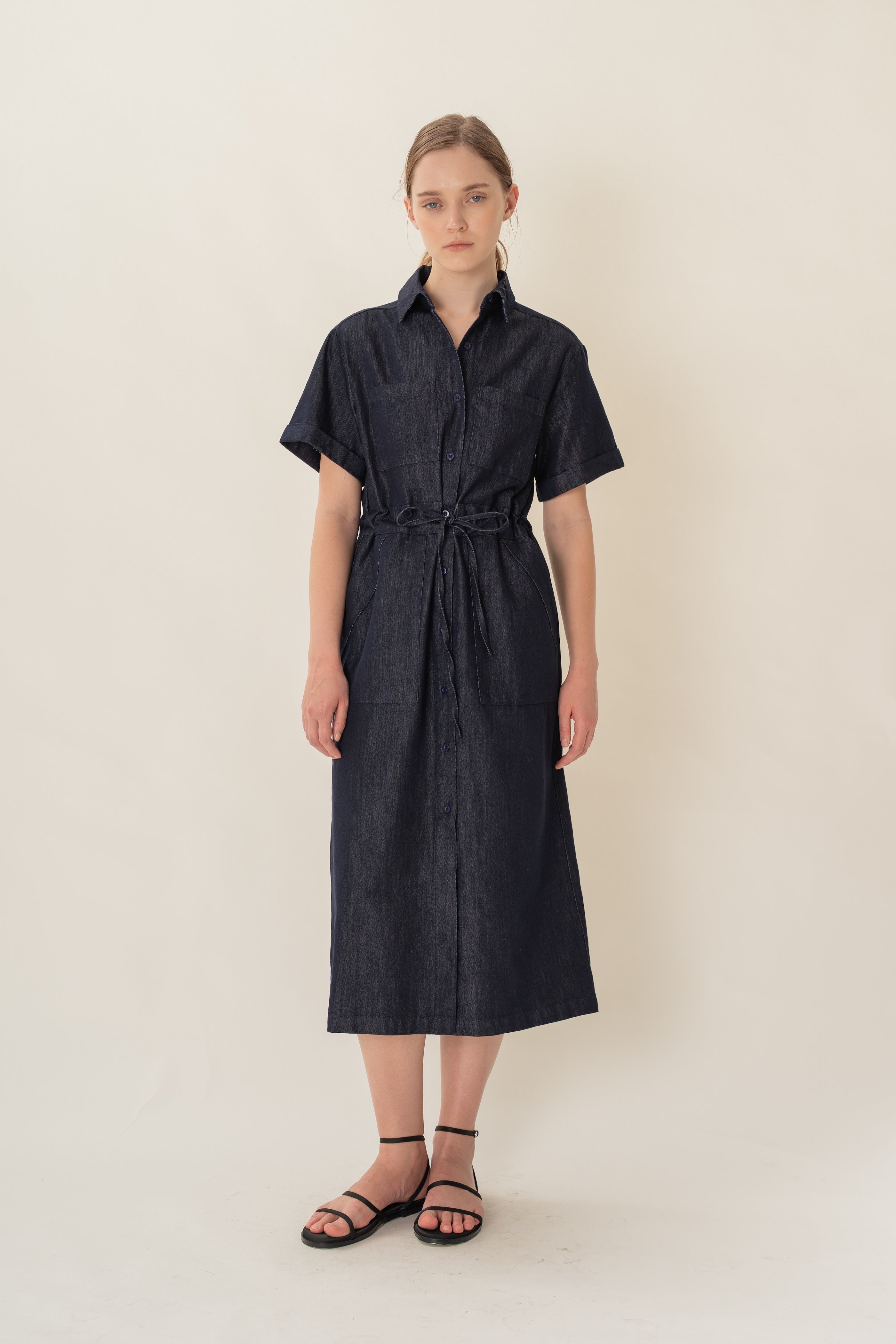 Denim Belted Midi Shirt Dress in Dark Wash