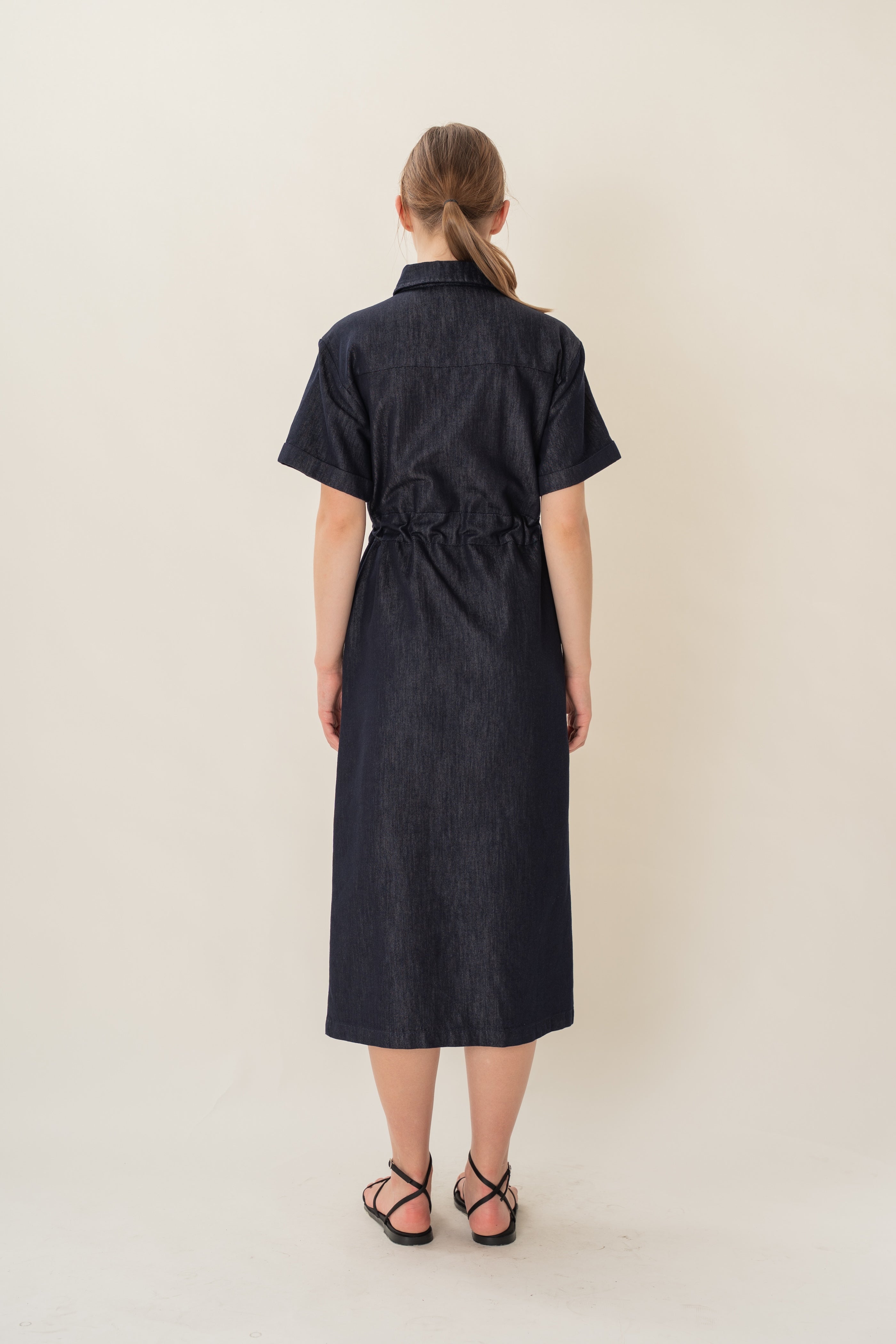 Denim Belted Midi Shirt Dress in Dark Wash