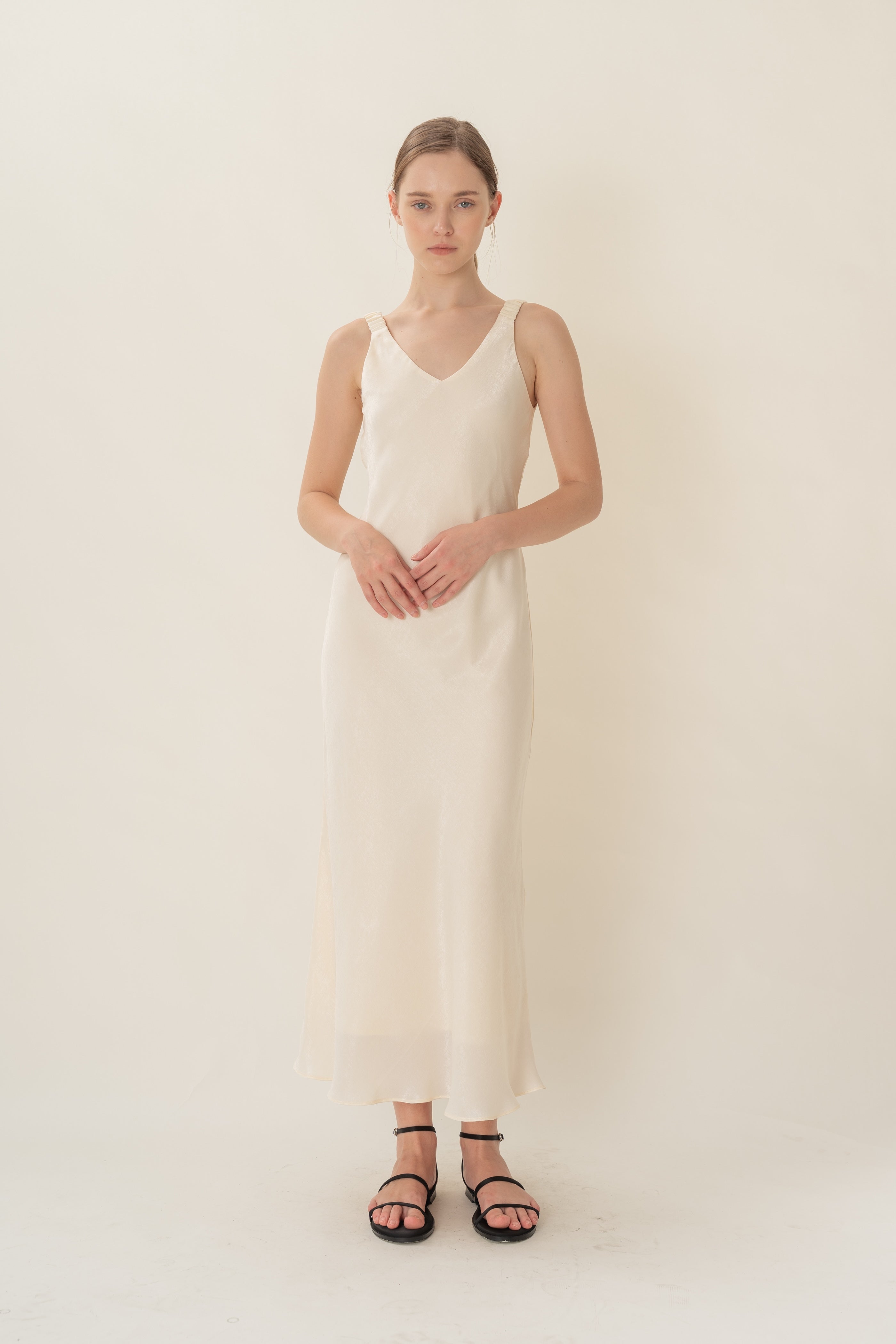 V Neck Slip Dress With Ruched Straps in Ivory