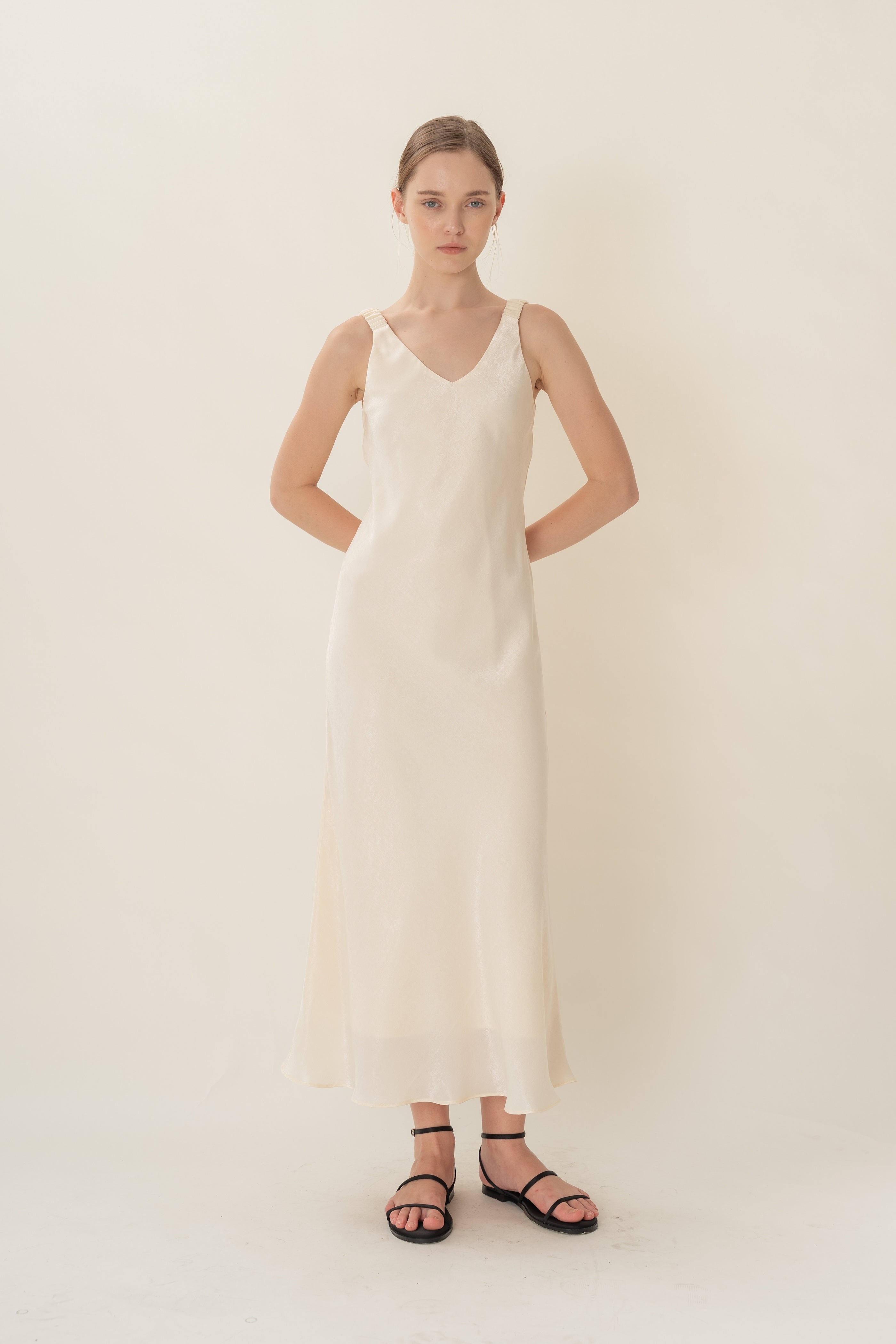 V Neck Slip Dress With Ruched Straps in Ivory